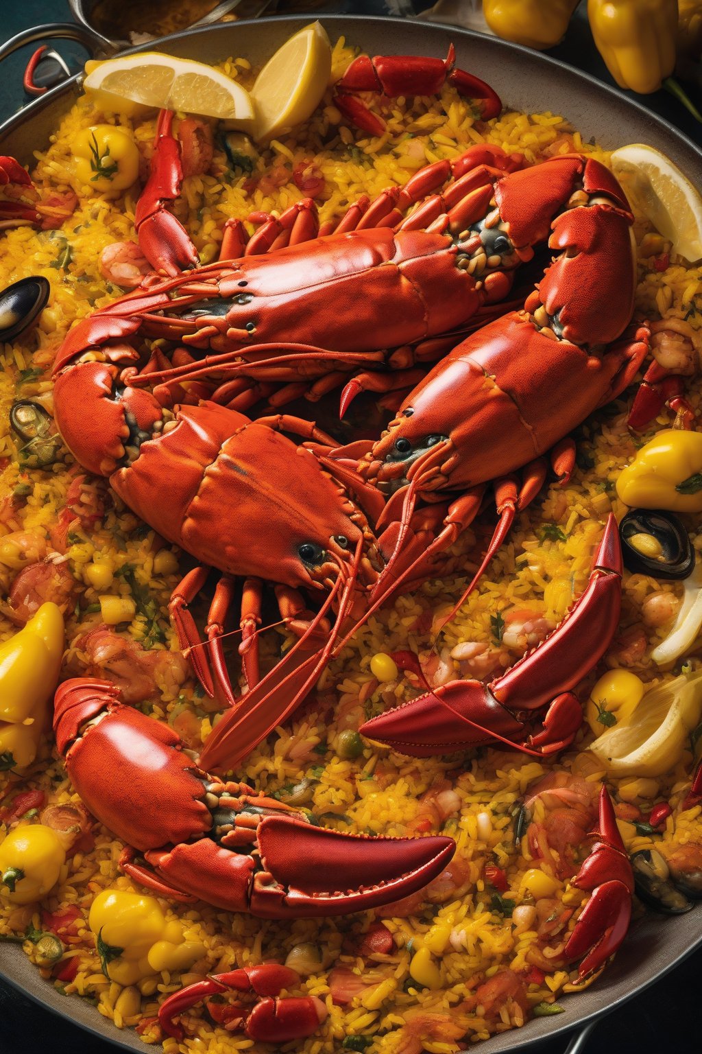 A high-resolution close-up photo of luxurious lobster paella with red claws, golden rice, and yellow peppers under soft lighting.