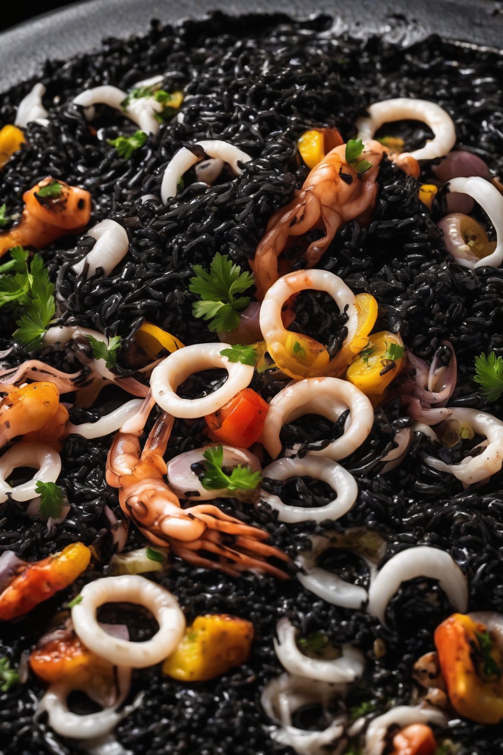 A high-resolution close-up photo of vibrant squid ink paella with glossy black rice and white squid rings under soft lighting.