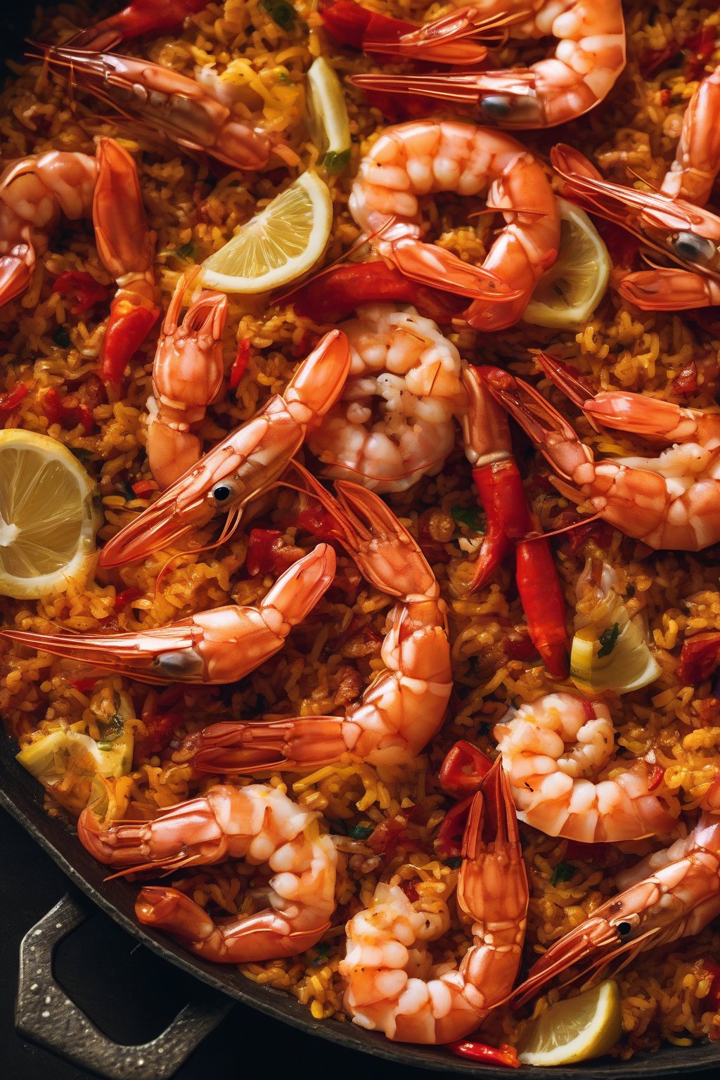 A high-resolution close-up photo of fiery prawn and chili paella with red prawns, sliced chilies, and orange peppers under soft lighting.
