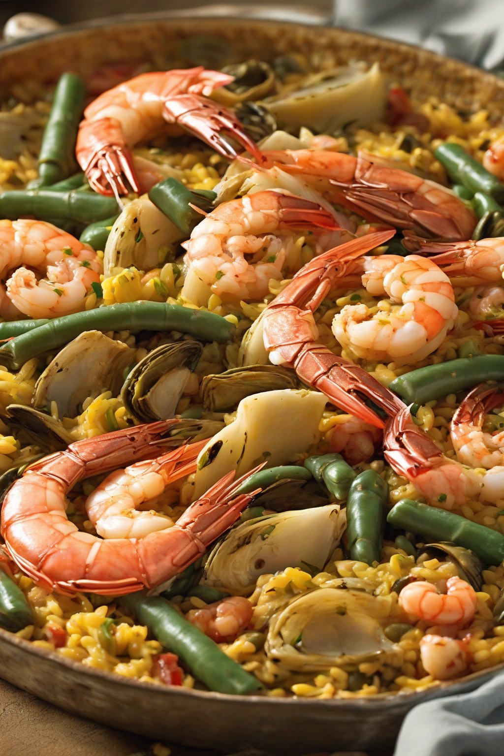 A high-resolution close-up photo of Valencian seafood paella twist with green beans, artichoke hearts, and shrimp under soft lighting.