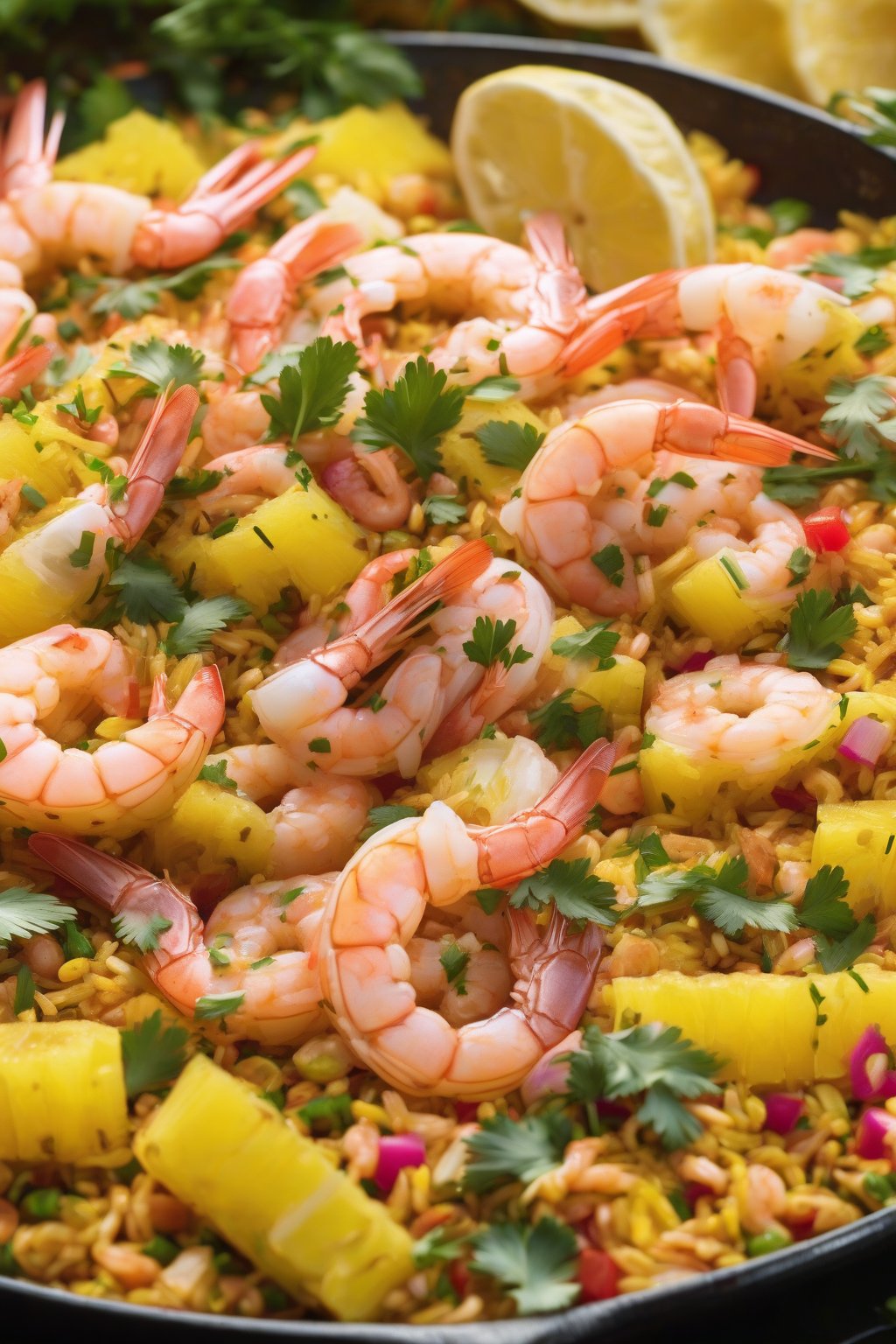 A high-resolution close-up photo of tropical pineapple seafood paella with golden chunks, pink shrimp, and cilantro under soft lighting.