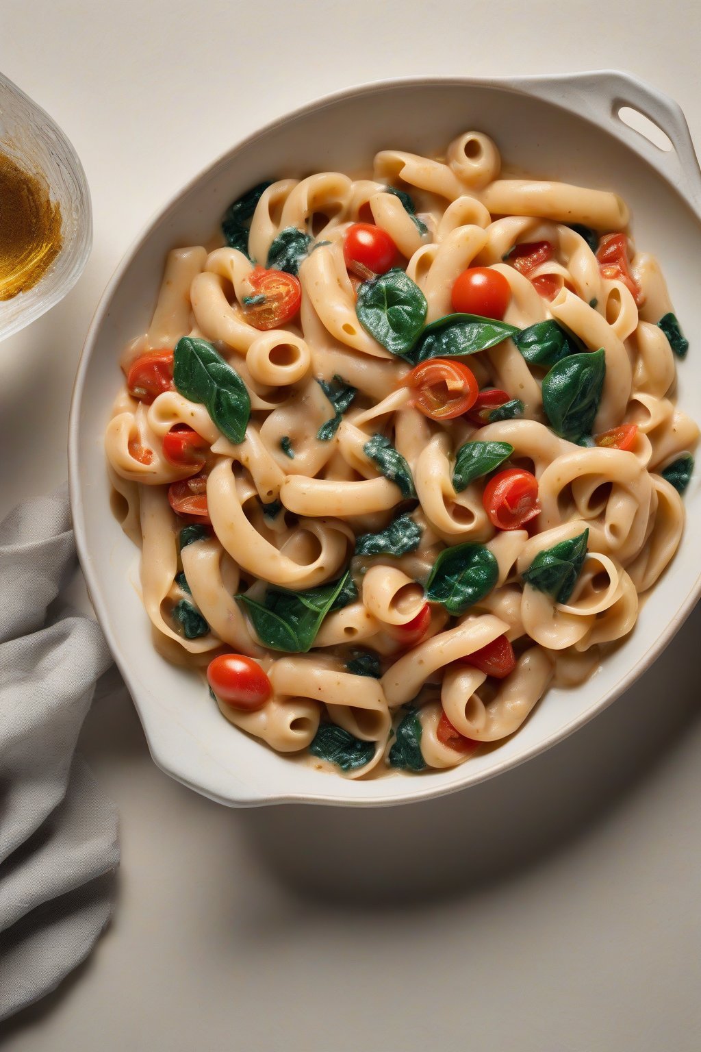A high-resolution photo of twirled pasta coated in creamy butter bean sauce with vibrant tomatoes and spinach, under soft lighting.