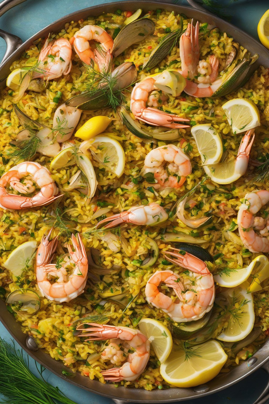 A high-resolution close-up photo of herbed lemon seafood paella with bright zest, zucchini slices, and dill sprigs under soft lighting.