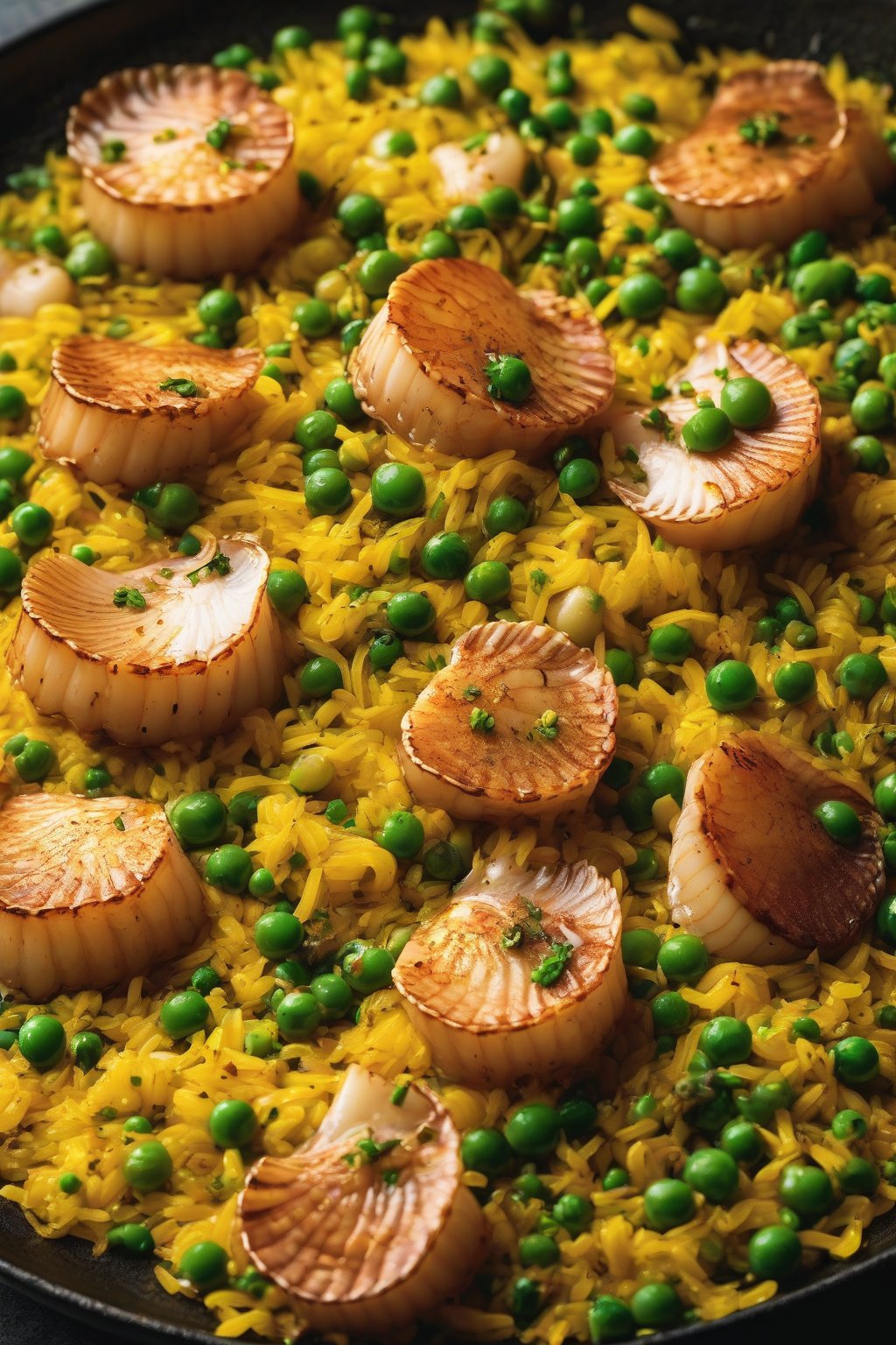 A high-resolution close-up photo of golden saffron scallop paella with seared scallops, peas, and saffron threads under soft lighting.