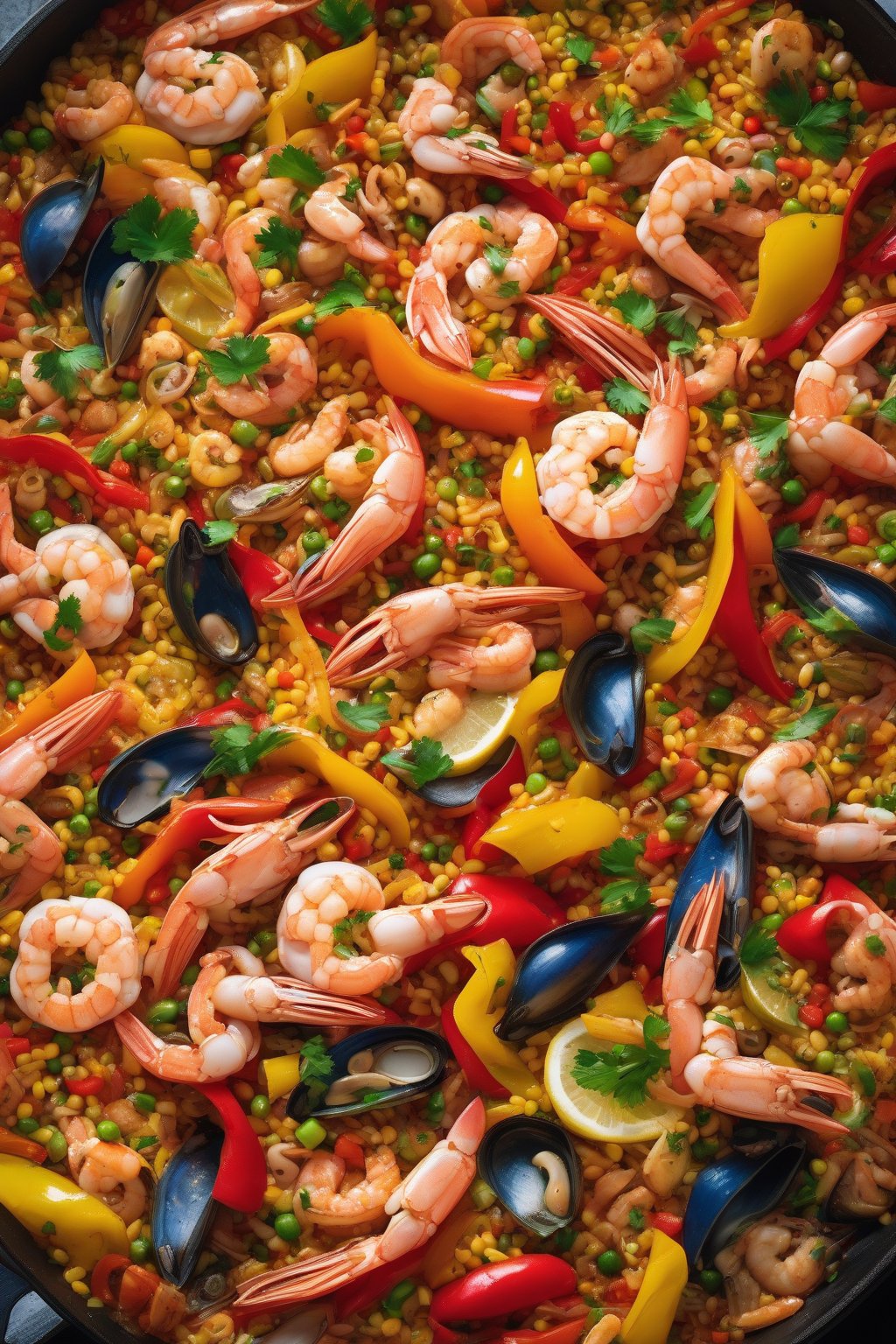 A high-resolution close-up photo of rainbow pepper seafood paella with colorful bell peppers, assorted seafood, and parsley under soft lighting.