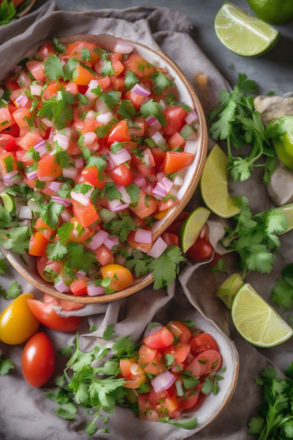 A high-resolution photo of a vibrant bowl of pico de gallo topped with lime wedges, fresh cilantro sprigs, and colorful tomato chunks under soft lighting.