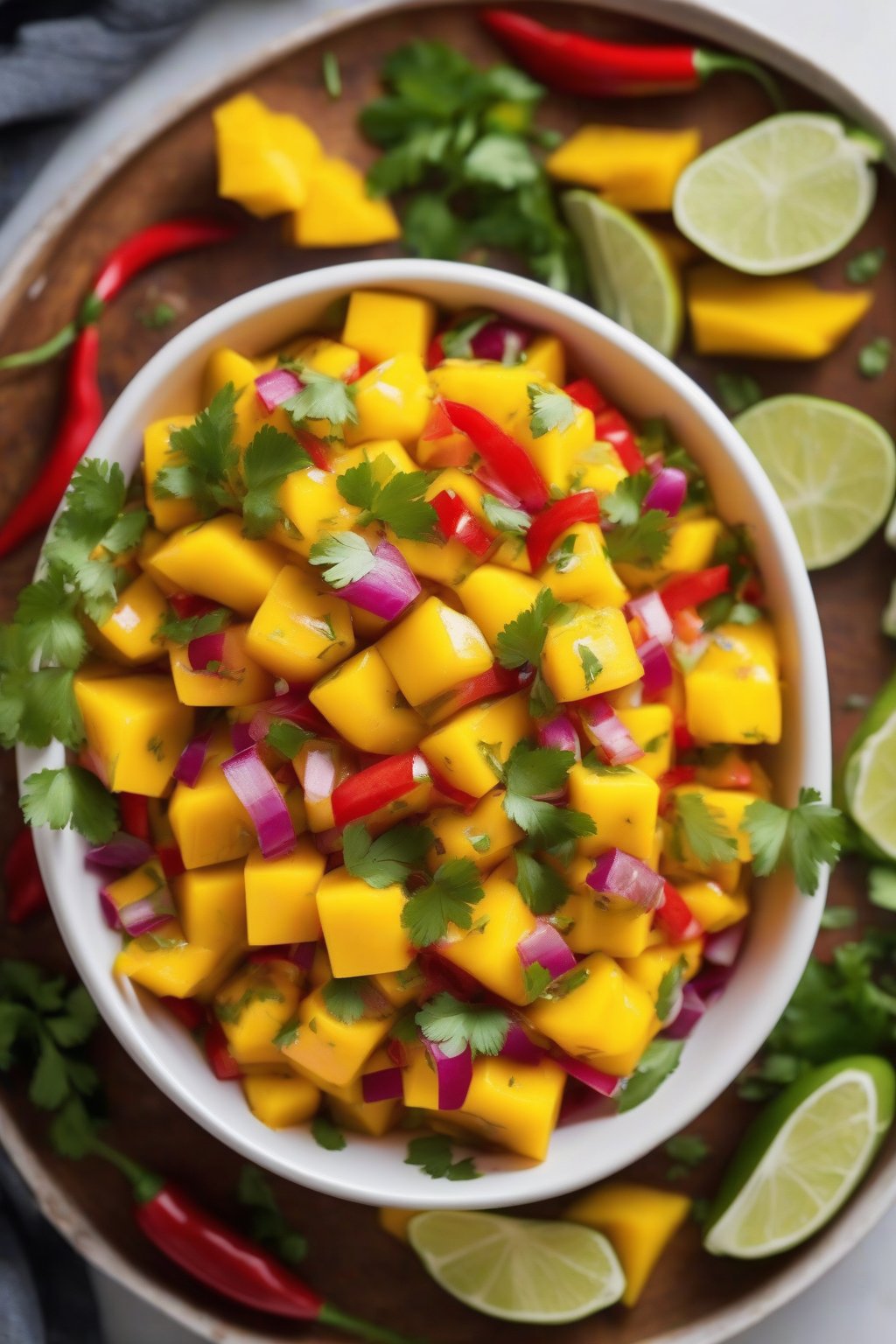 A high-resolution photo of mango salsa in a white bowl with golden mango cubes, red peppers, and green cilantro under soft lighting.
