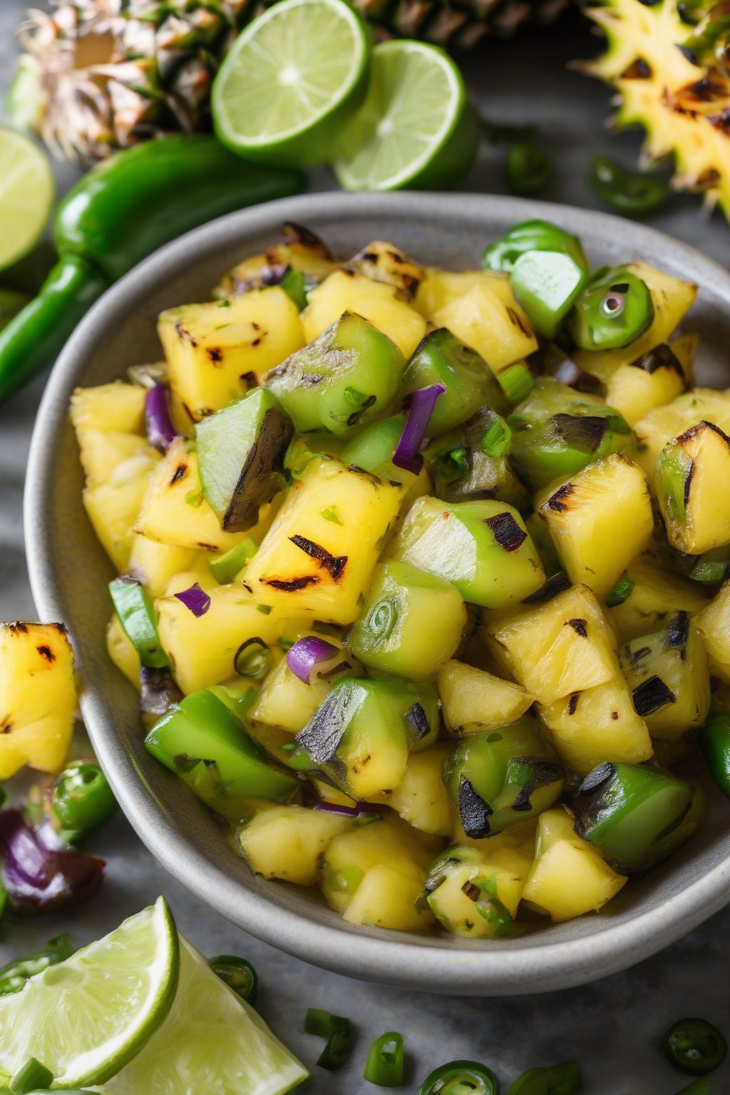 A high-resolution photo of pineapple jalapeño salsa showing charred pineapple pieces, green chiles, and lime slices under soft lighting.