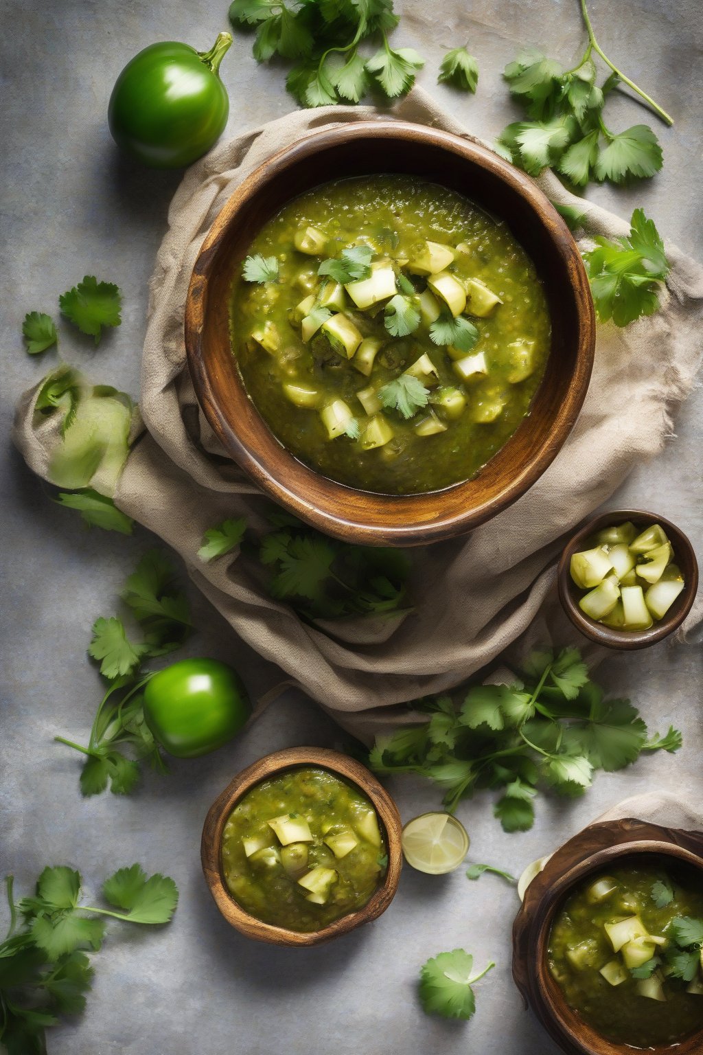 A high-resolution photo of smooth green tomatillo salsa in a rustic bowl with charred tomatillo halves and cilantro garnish under soft lighting.