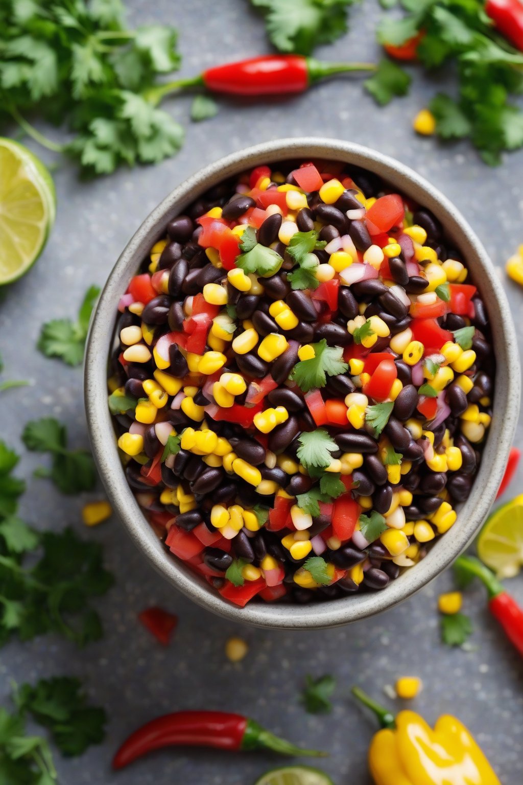 A high-resolution photo of black bean corn salsa with yellow kernels, black beans, and red peppers in a vibrant mix under soft lighting.