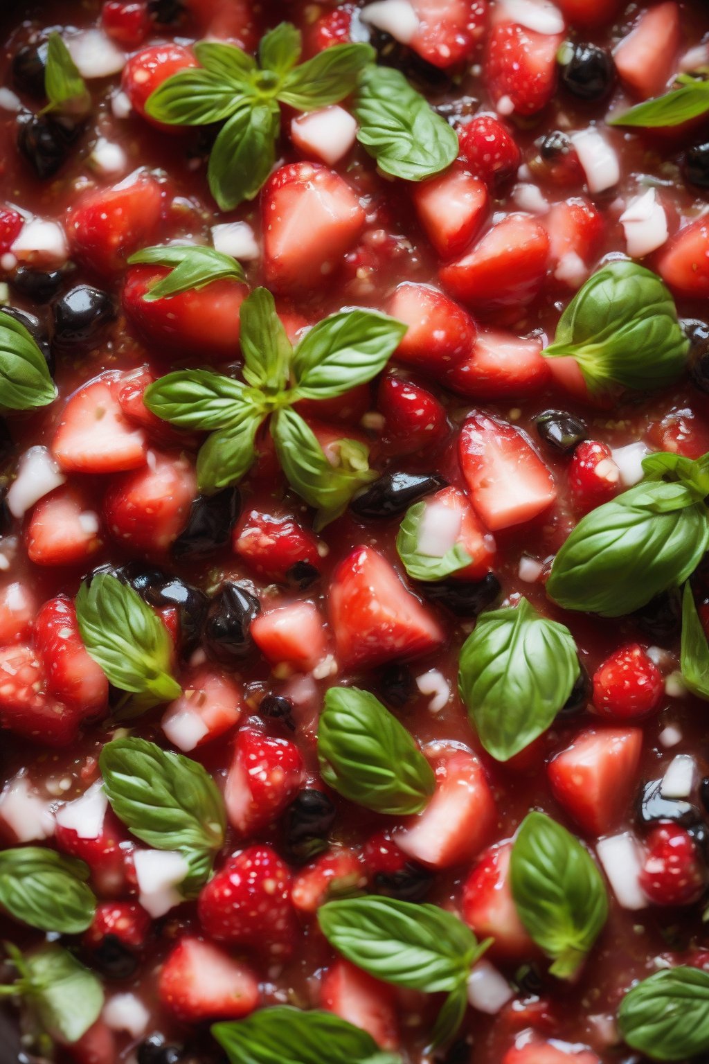 A high-resolution photo of strawberry salsa featuring red berries, green basil, and a balsamic glaze under soft lighting.