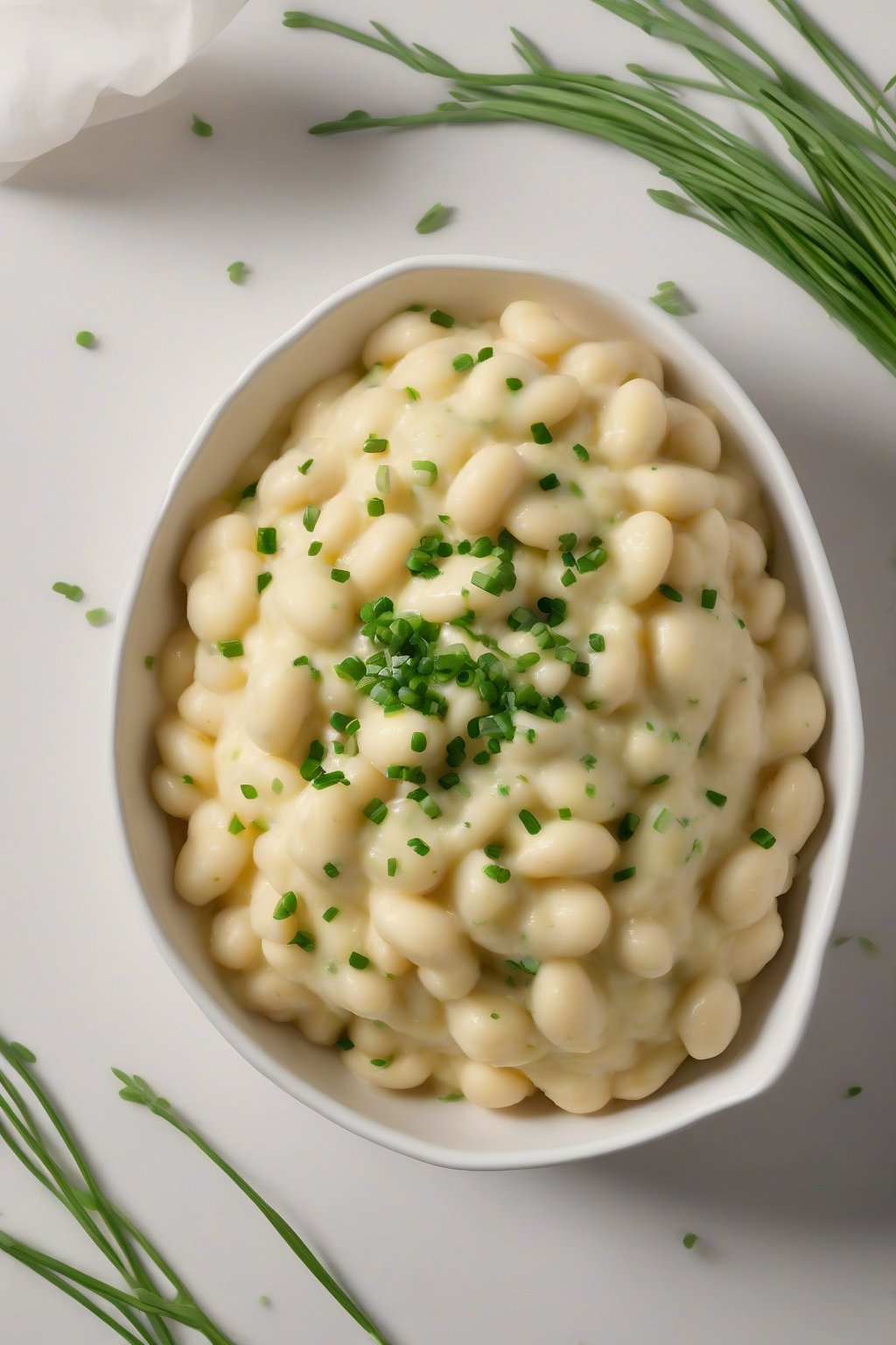 A high-resolution photo of a fluffy mound of mashed butter beans sprinkled with chives, in a white bowl, under soft lighting.