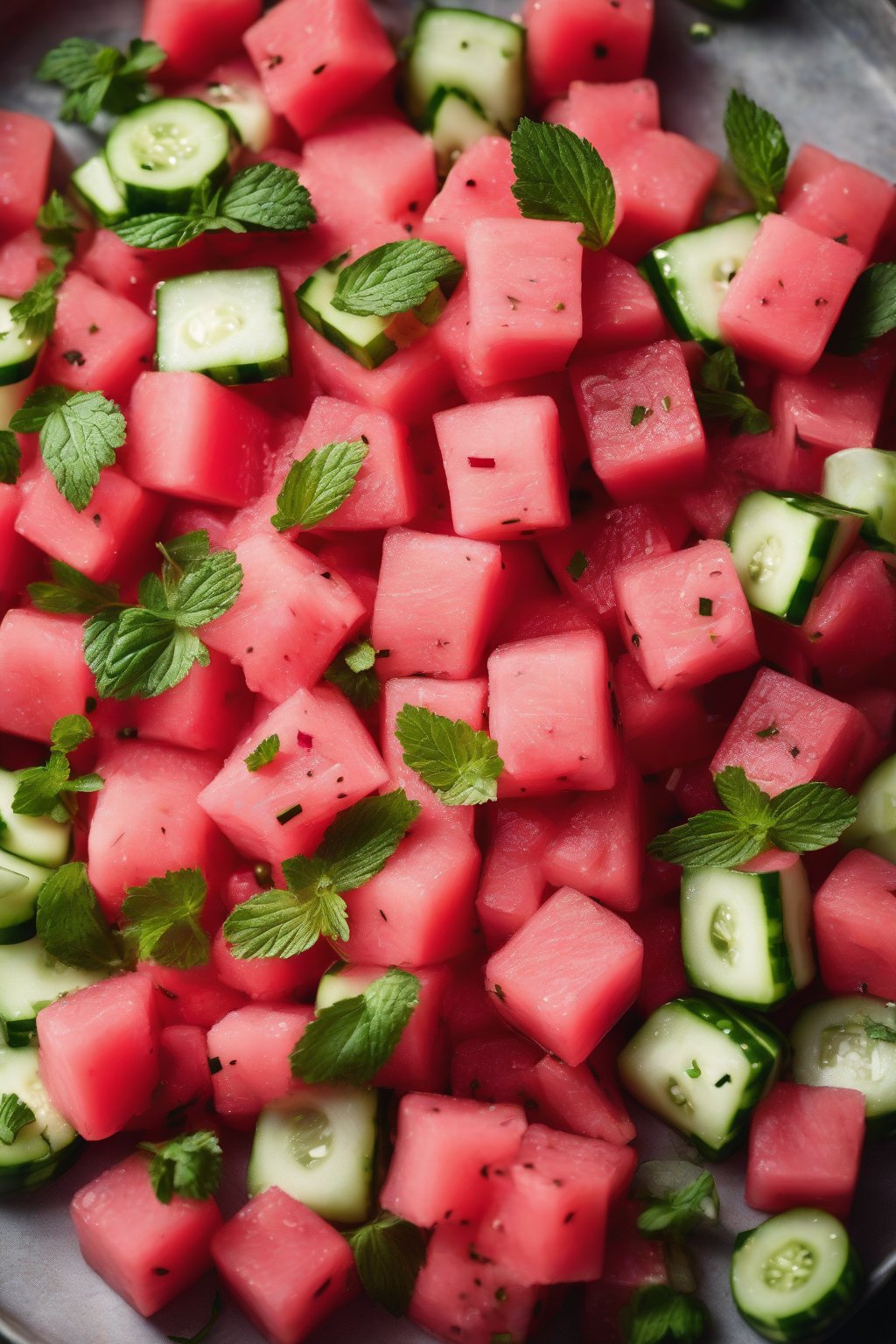 A high-resolution photo of watermelon salsa with pink cubes, green cucumber, and mint leaves under soft lighting.