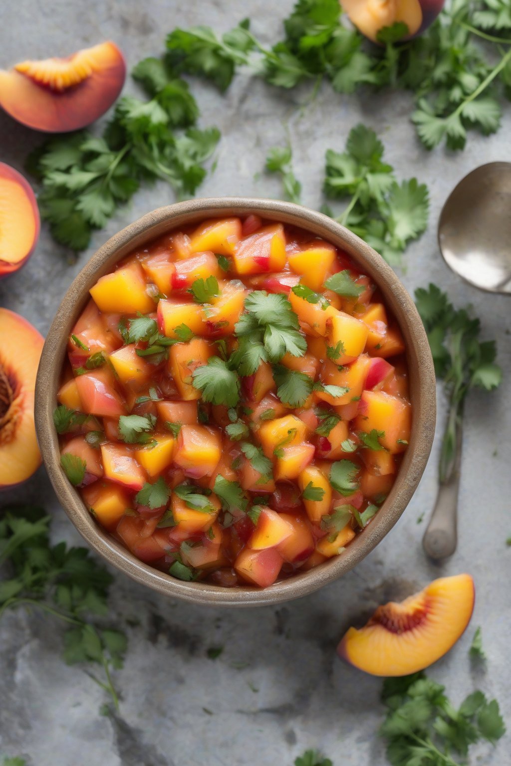 A high-resolution photo of peach salsa with orange peach chunks, smoky chipotle flecks, and cilantro under soft lighting.