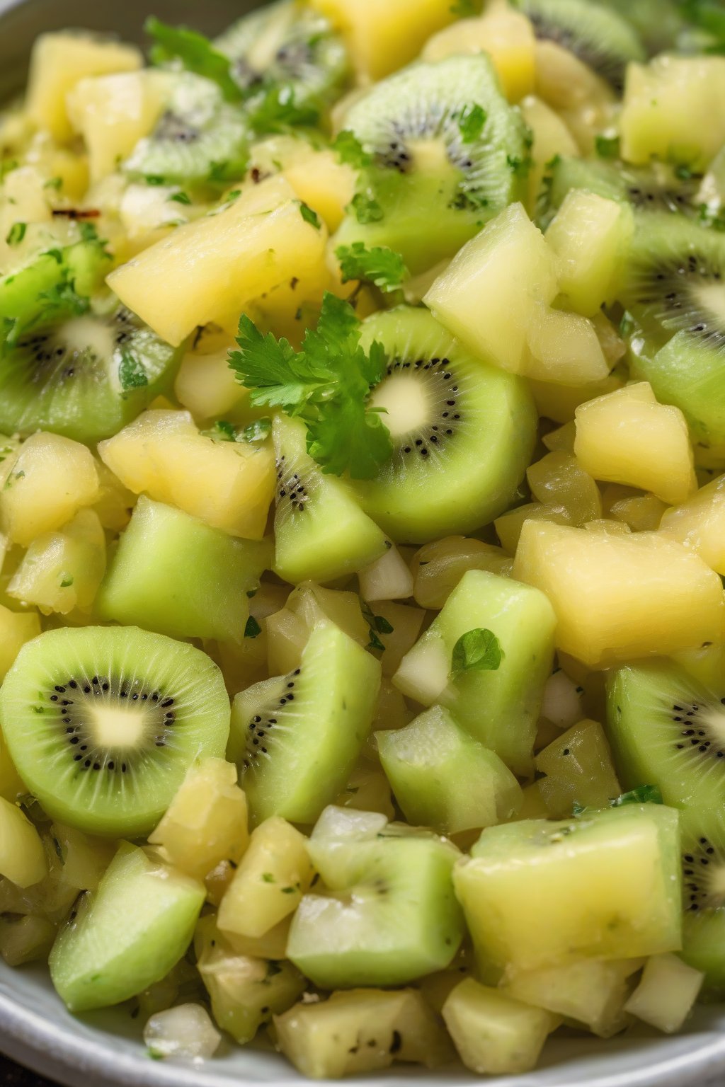 A high-resolution photo of kiwi pineapple salsa with green kiwis, yellow pineapple, and ginger shreds under soft lighting.