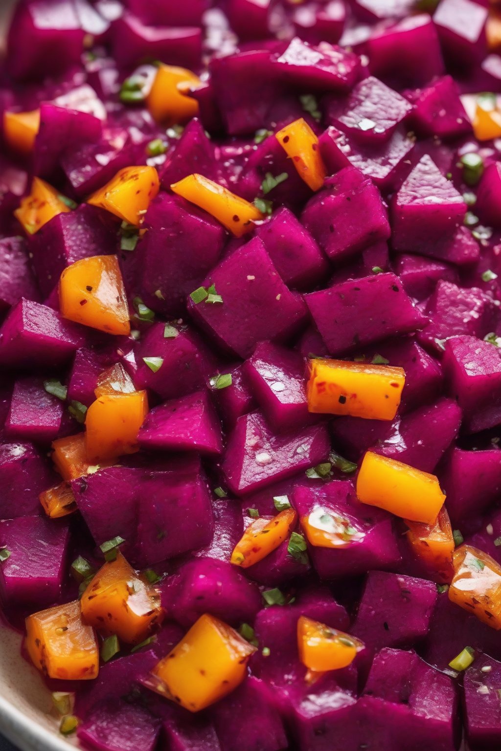 A high-resolution photo of vibrant purple beet salsa with roasted beet pieces and habanero flecks under soft lighting.