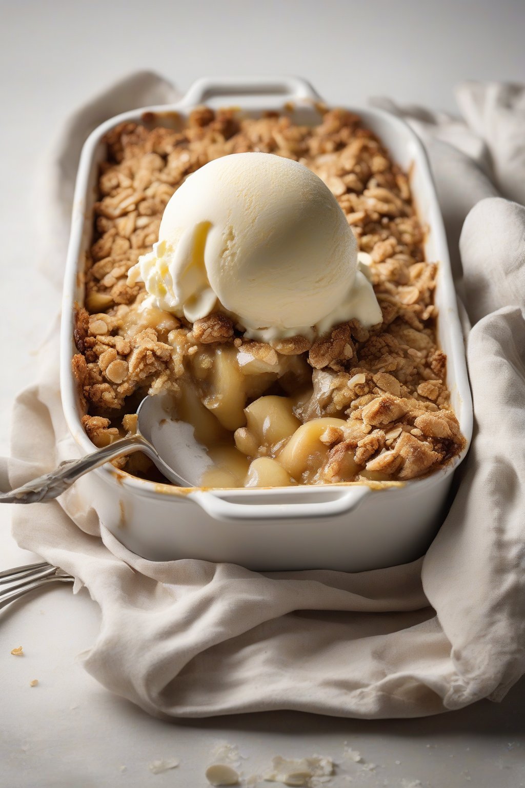 A high-resolution photo of a golden-baked classic apple crisp in a white baking dish, topped with a scoop of melting vanilla ice cream, under soft lighting.