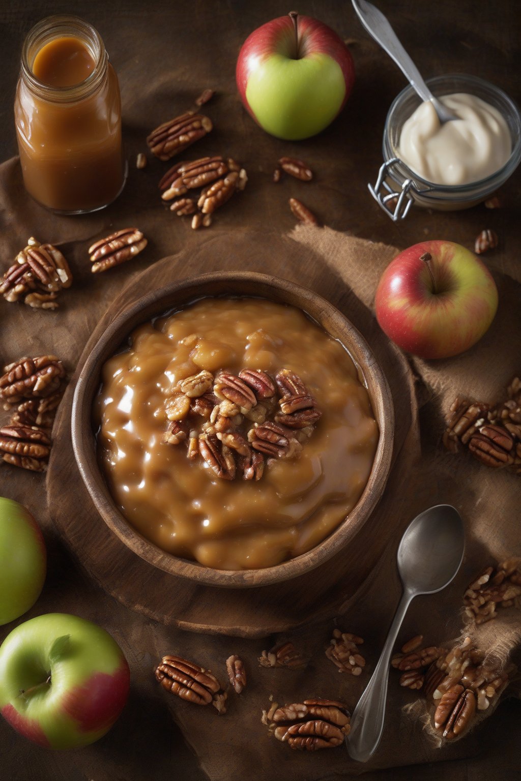 A high-resolution photo of caramel apple crisp oozing sauce, pecans scattered on top, served in a rustic bowl under soft lighting.