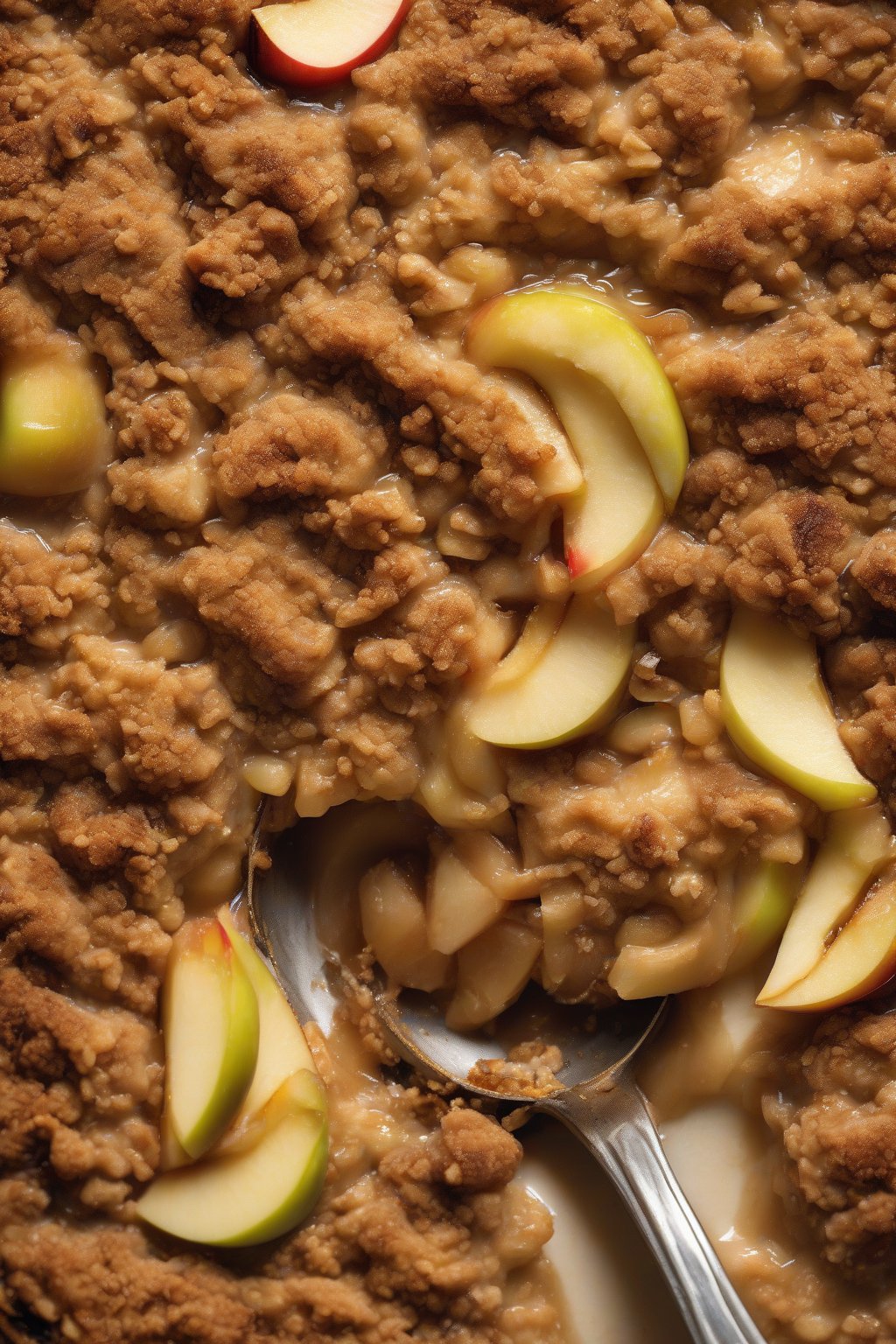 A high-resolution photo of ginger-spiced apple crisp with visible ginger flecks in the bubbly filling, under soft lighting.