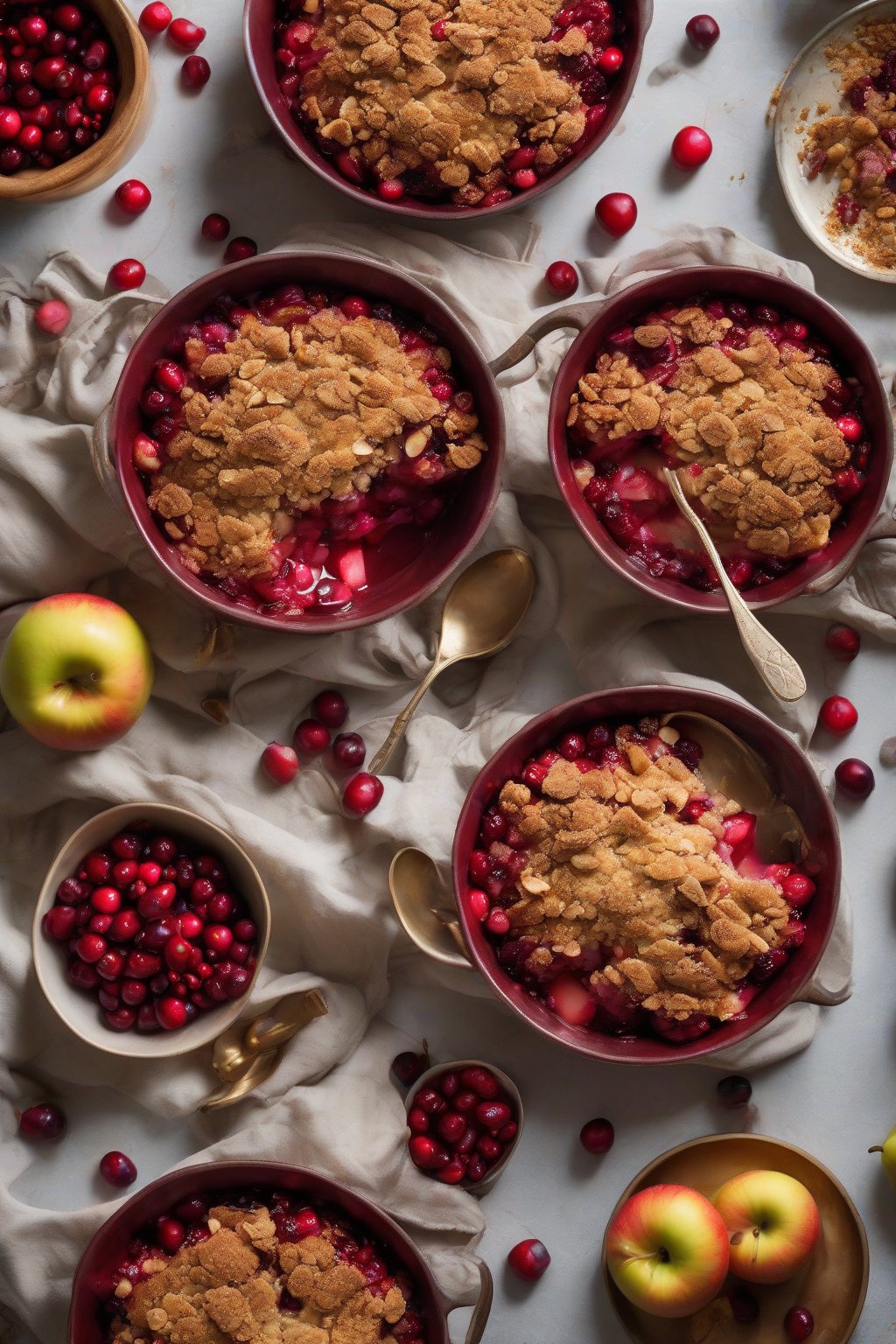 A high-resolution photo of cranberry apple crisp with bright red berries peeking through golden topping, served warm under soft lighting.