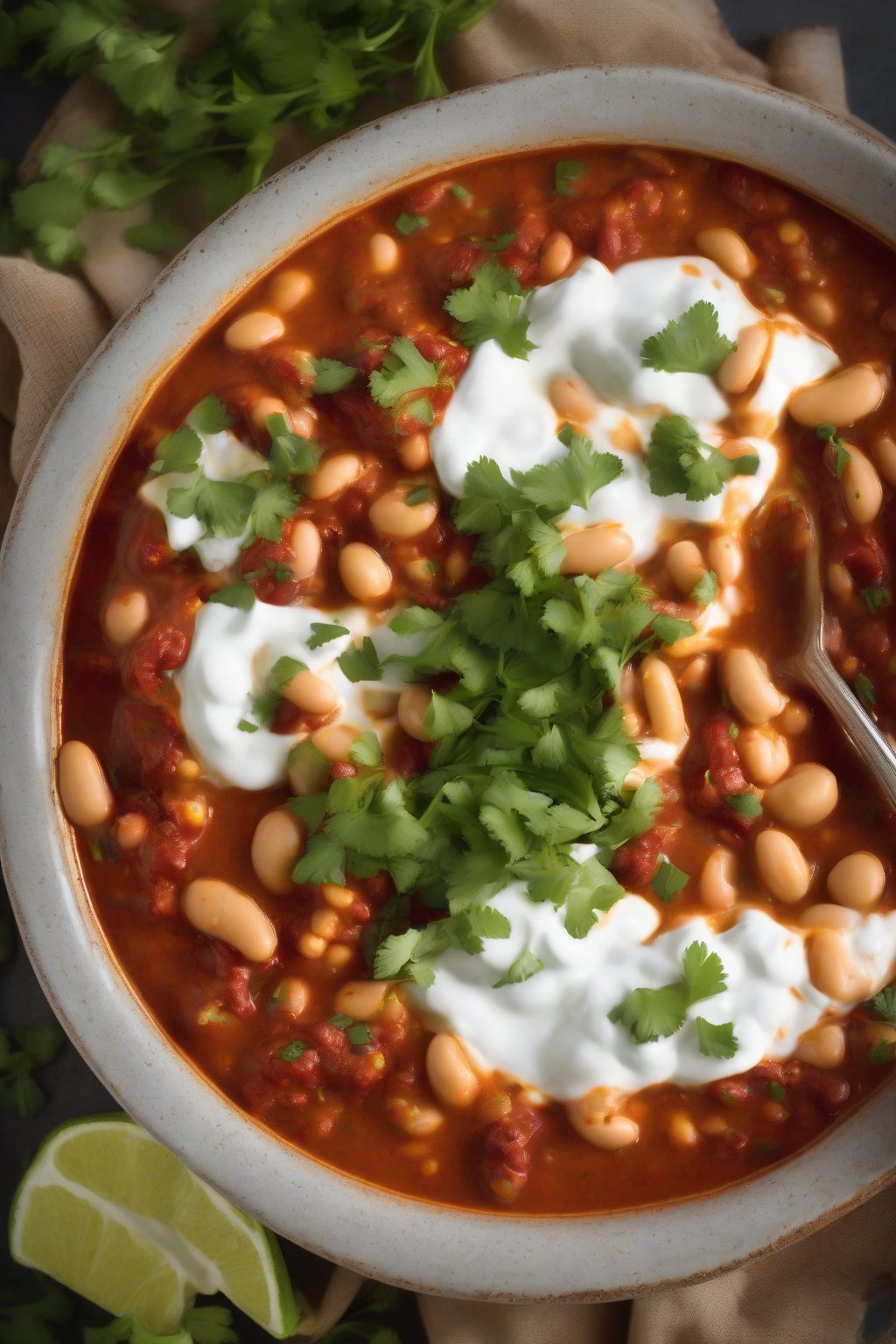 A high-resolution photo of a spicy creamy butter bean chili topped with sour cream and cilantro, steam rising, under soft lighting.