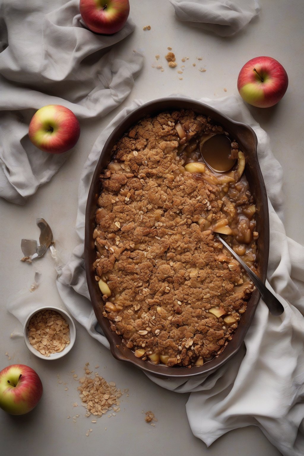 A high-resolution photo of bourbon apple crisp with a glossy, boozy sheen on the apples, oat crumble crisp under soft lighting.