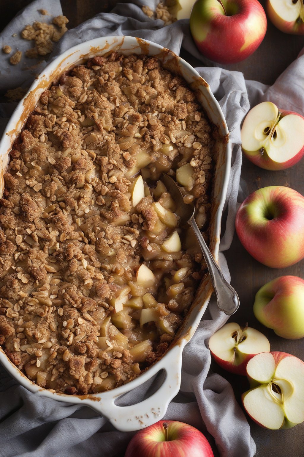 A high-resolution photo of gluten-free apple crisp with chunky oat topping and sliced apples visible, under soft lighting.