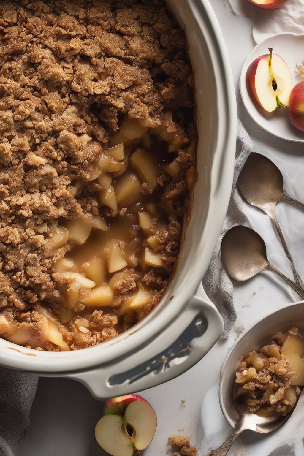 A high-resolution photo of slow cooker apple crisp straight from the pot, bubbly edges and perfect crumble, under soft lighting.