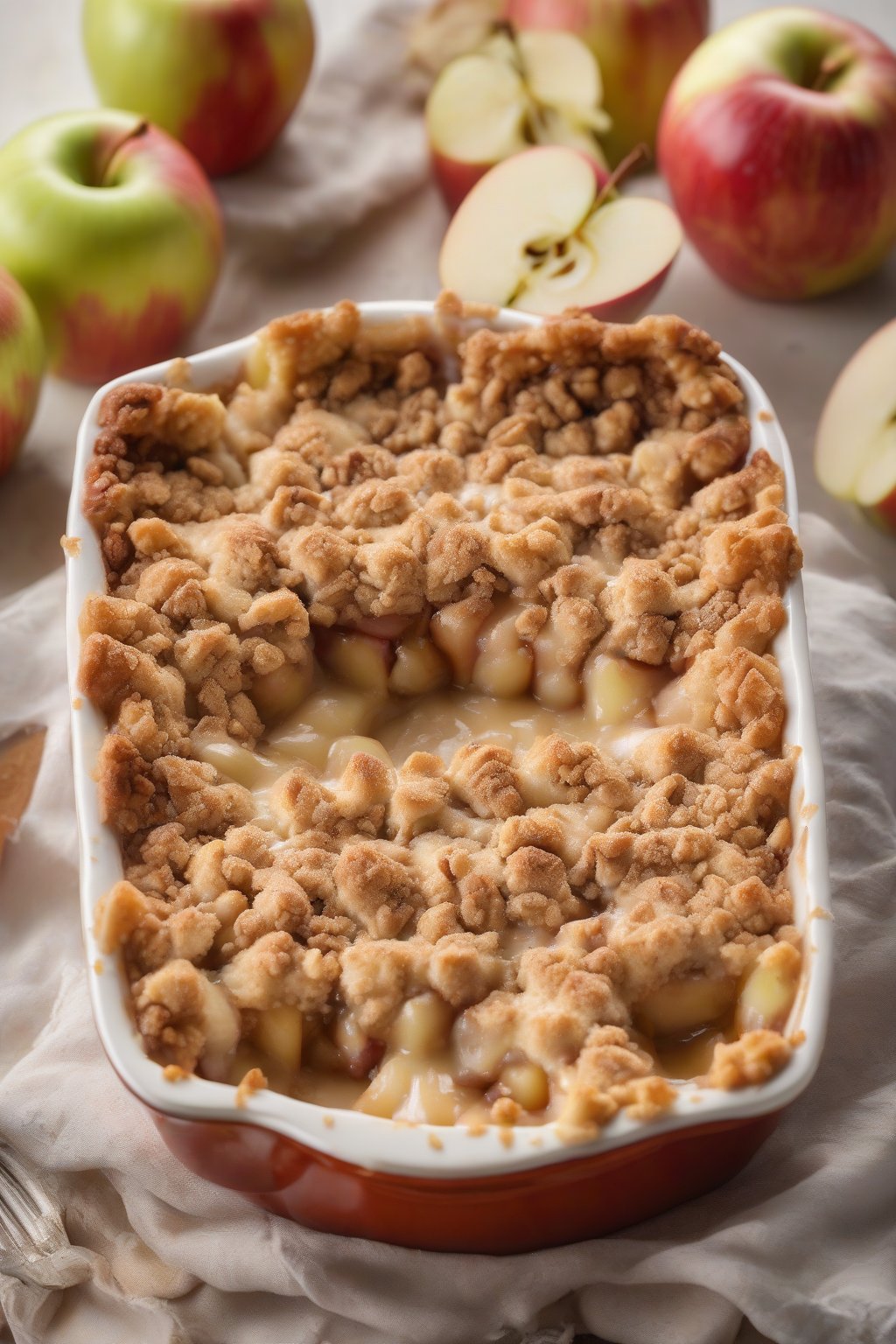 A high-resolution photo of cheesecake-stuffed apple crisp with creamy filling oozing between apples and crisp top, under soft lighting.