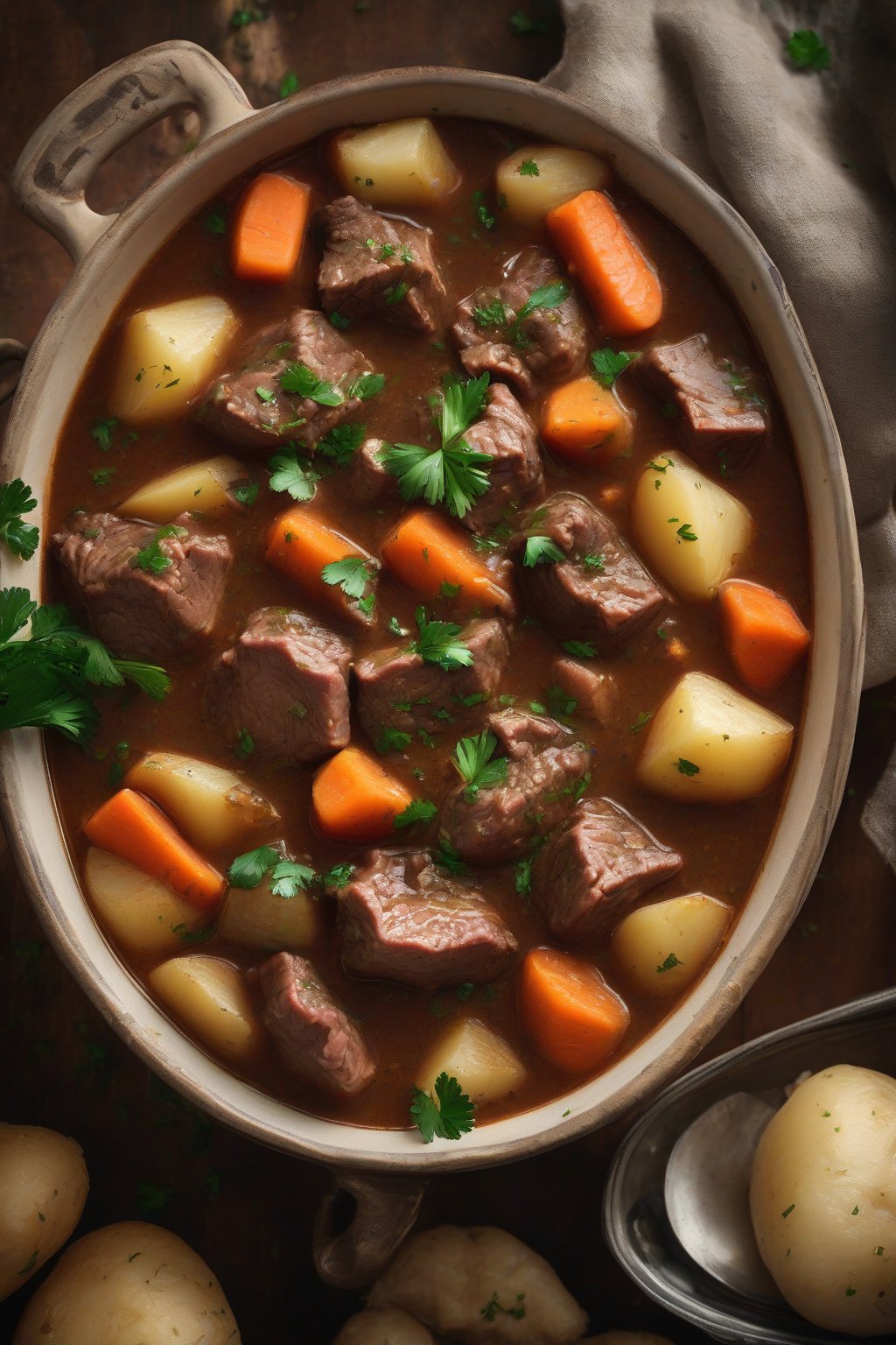 A high-resolution photo of a steaming bowl of classic homestyle beef stew with chunks of tender beef, carrots, and potatoes in a rich gravy, garnished with fresh parsley under soft lighting.