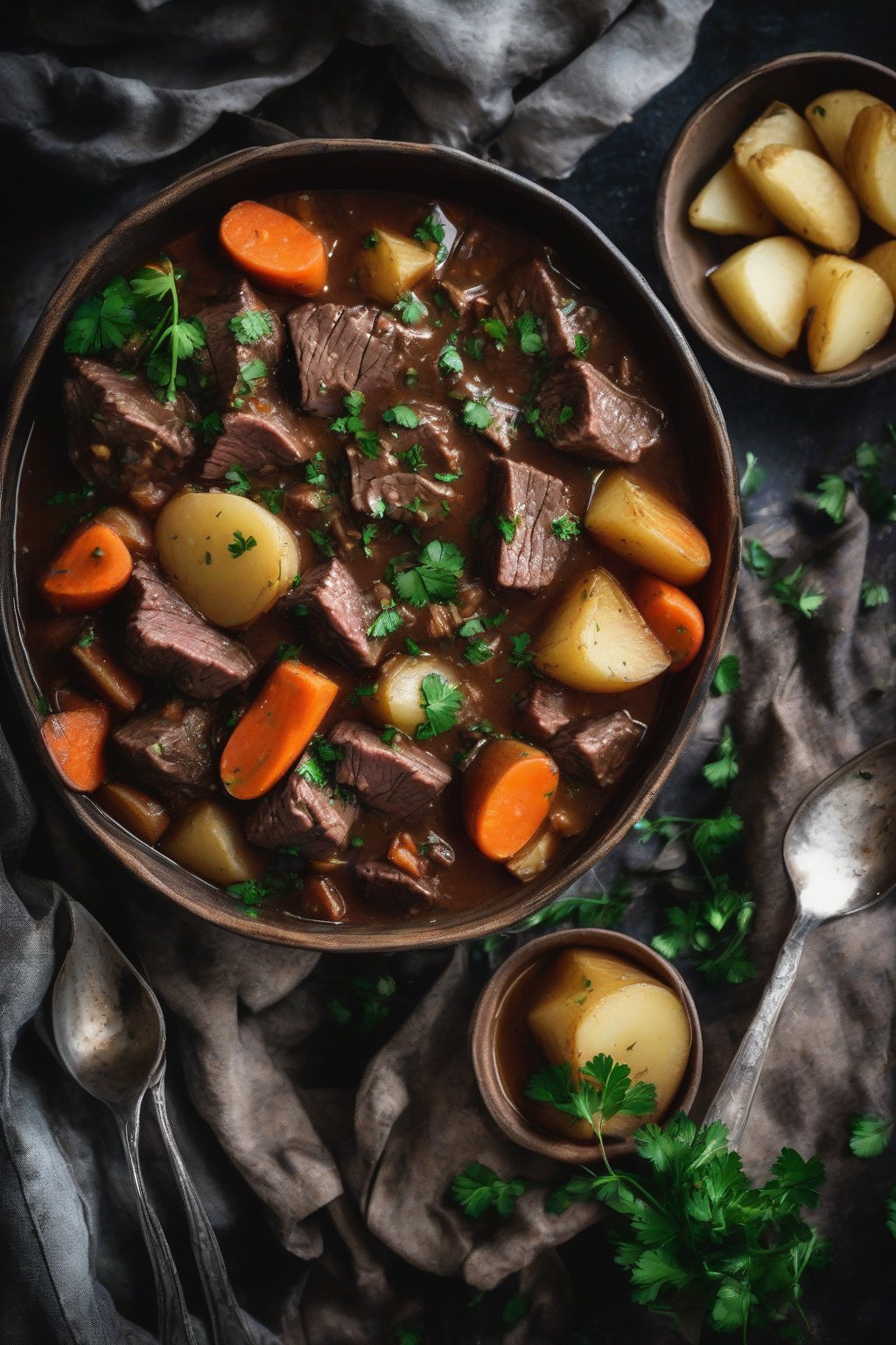 A high-resolution photo of Irish beef and Guinness stew in a rustic bowl, featuring dark gravy, tender beef, sliced potatoes, and carrots, topped with chopped parsley under soft lighting.