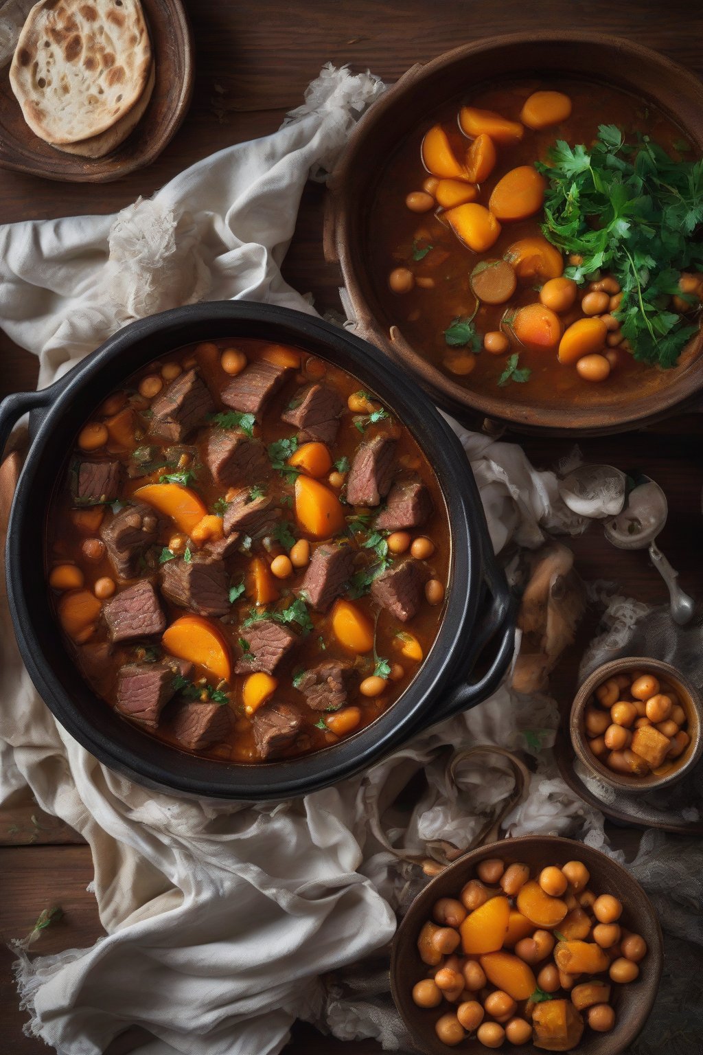A high-resolution photo of Moroccan-spiced beef tagine stew with colorful apricots, chickpeas, beef chunks, and sweet potatoes in a spiced broth, served in a tagine dish under soft lighting.