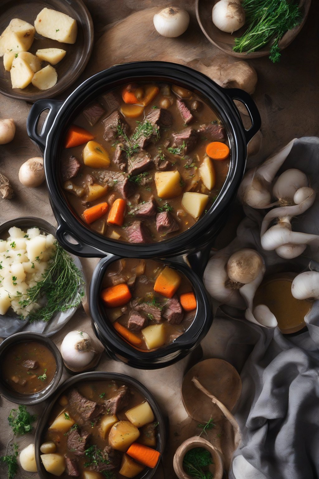 A high-resolution photo of slow cooker beef and root vegetable stew, showing glossy beef surrounded by parsnips, turnips, and carrots in a herb-flecked gravy under soft lighting.
