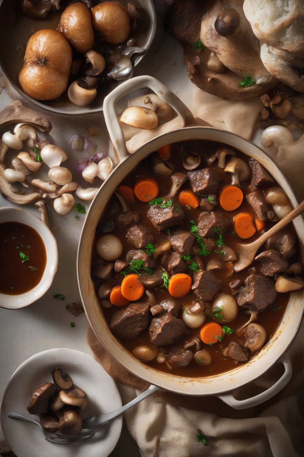 A high-resolution photo of beef stew with mushrooms and pearl onions, featuring meaty chunks, glossy mushrooms, tiny onions, and carrots in a wine-kissed sauce under soft lighting.