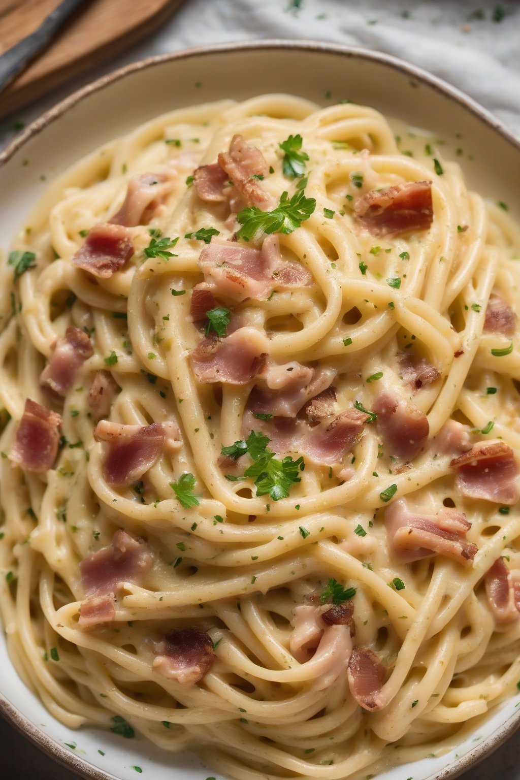 A high-resolution photo of spaghetti carbonara made creamy with butter beans, pancetta bits scattered throughout, under soft lighting.