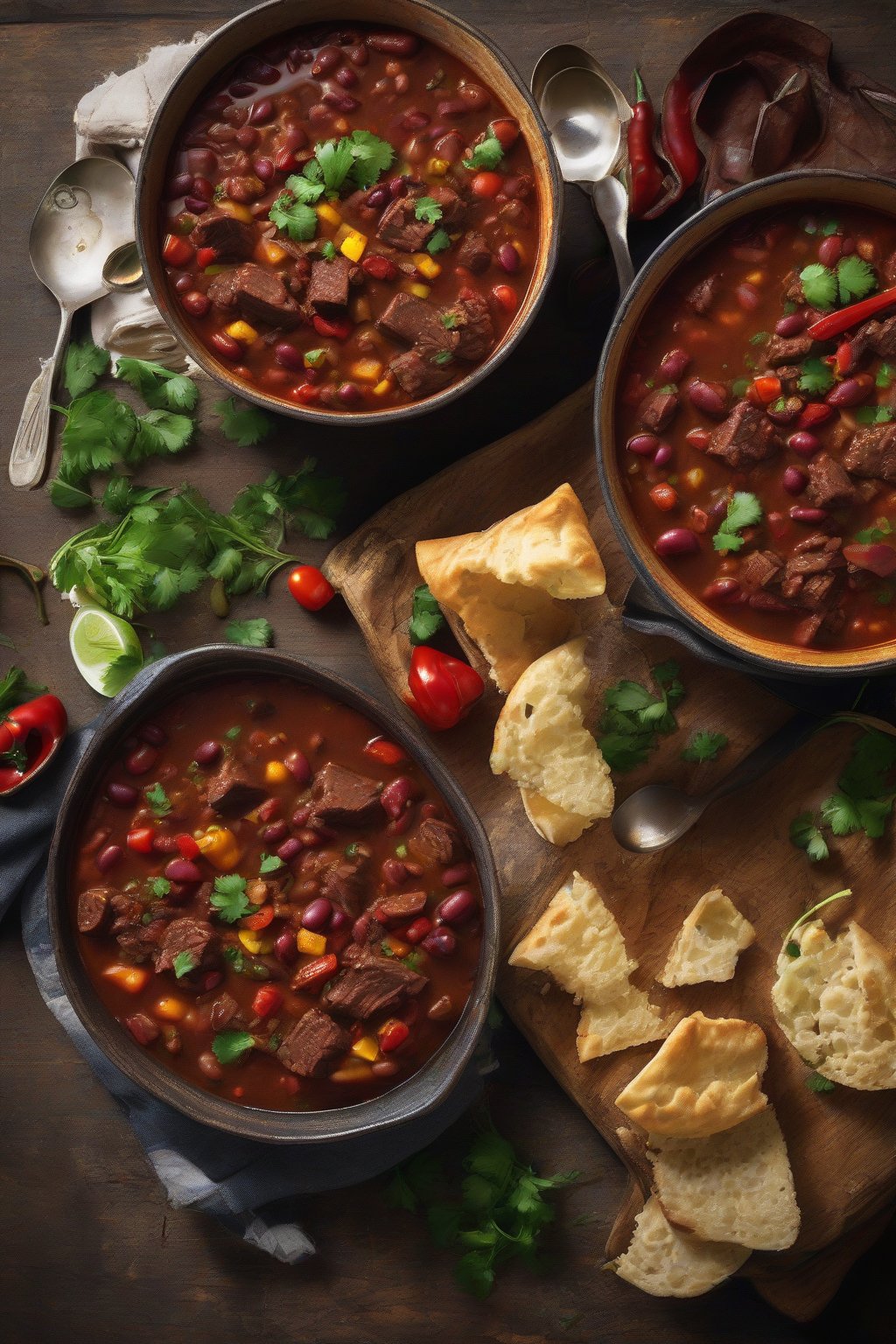 A high-resolution photo of spicy Texas beef chili stew brimming with tender beef, red beans, peppers, and tomatoes in a smoky red broth, topped with cilantro under soft lighting.