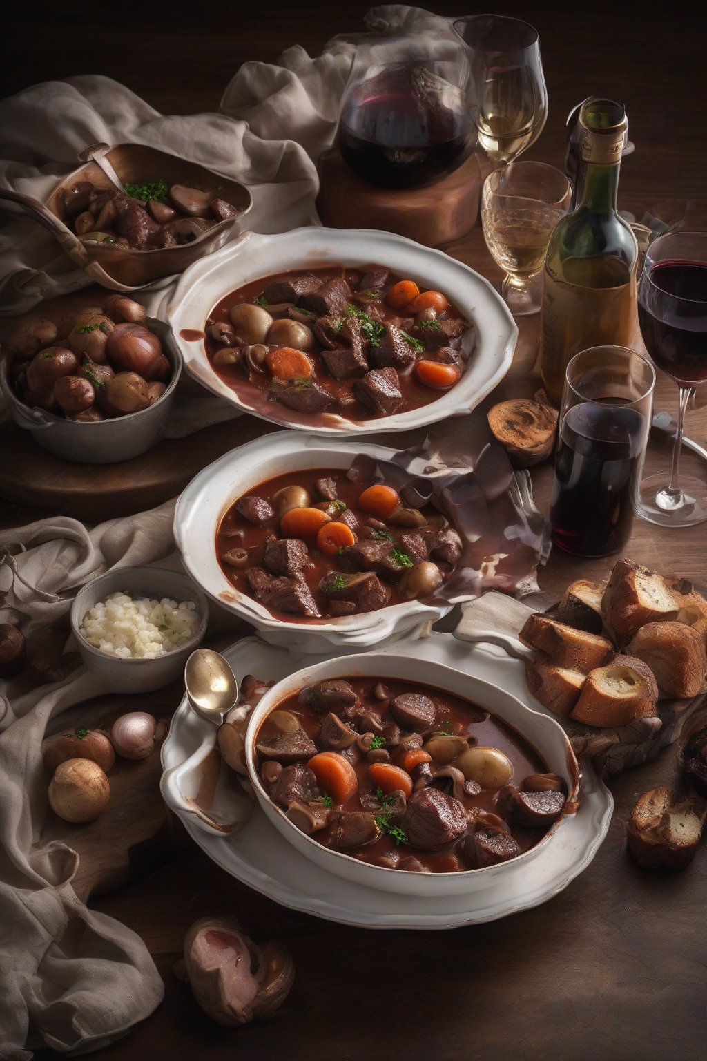 A high-resolution photo of French-style beef bourguignon stew with wine-glazed beef, bacon bits, mushrooms, and pearl onions in a deep red sauce under soft lighting.