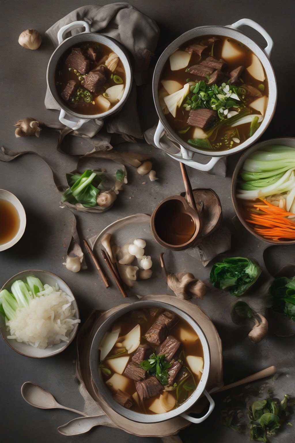 A high-resolution photo of Asian-inspired beef stew featuring star anise-flecked broth, ginger-infused beef, bok choy, and daikon slices under soft lighting.