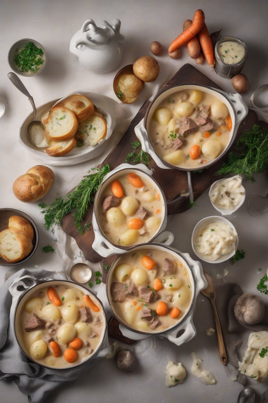 A high-resolution photo of creamy beef and potato stew with melted cheese swirls, chunky potatoes, beef, and carrots in a luscious white gravy under soft lighting.