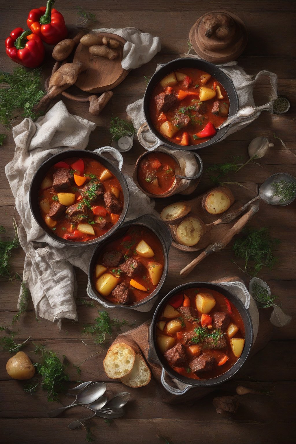 A high-resolution photo of Hungarian goulash beef stew with paprika-red broth, bell peppers, tender beef, and potatoes, sprinkled with herbs under soft lighting.