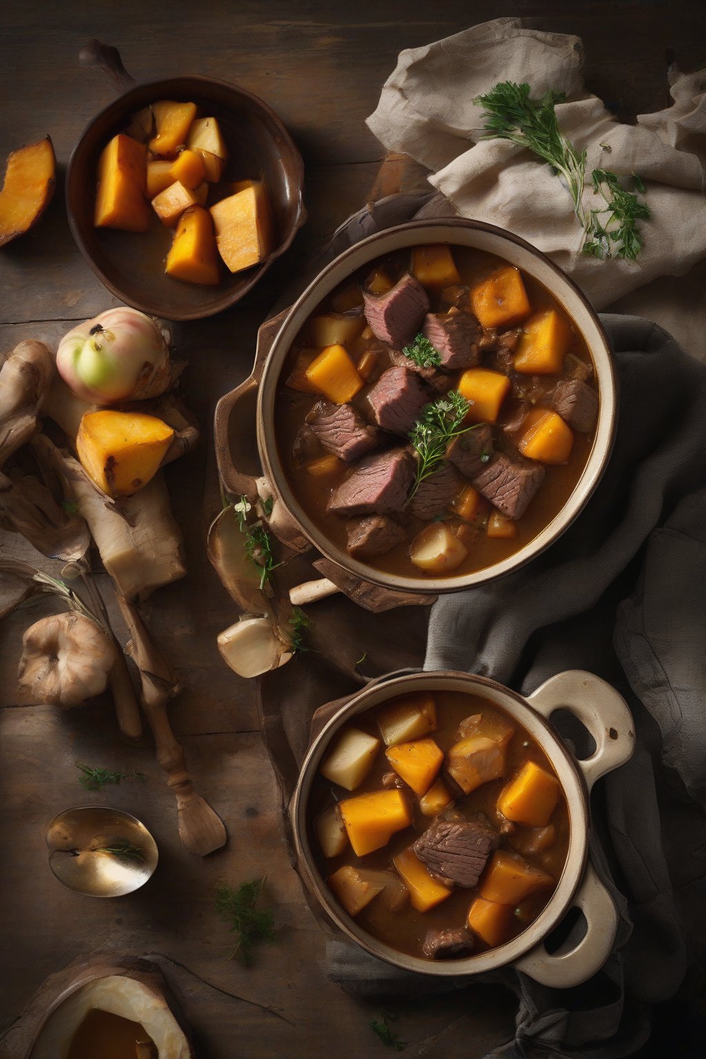 A high-resolution photo of harvest beef stew with golden butternut squash cubes, apple slices, beef chunks, and parsnips in a cider-tinged gravy under soft lighting.