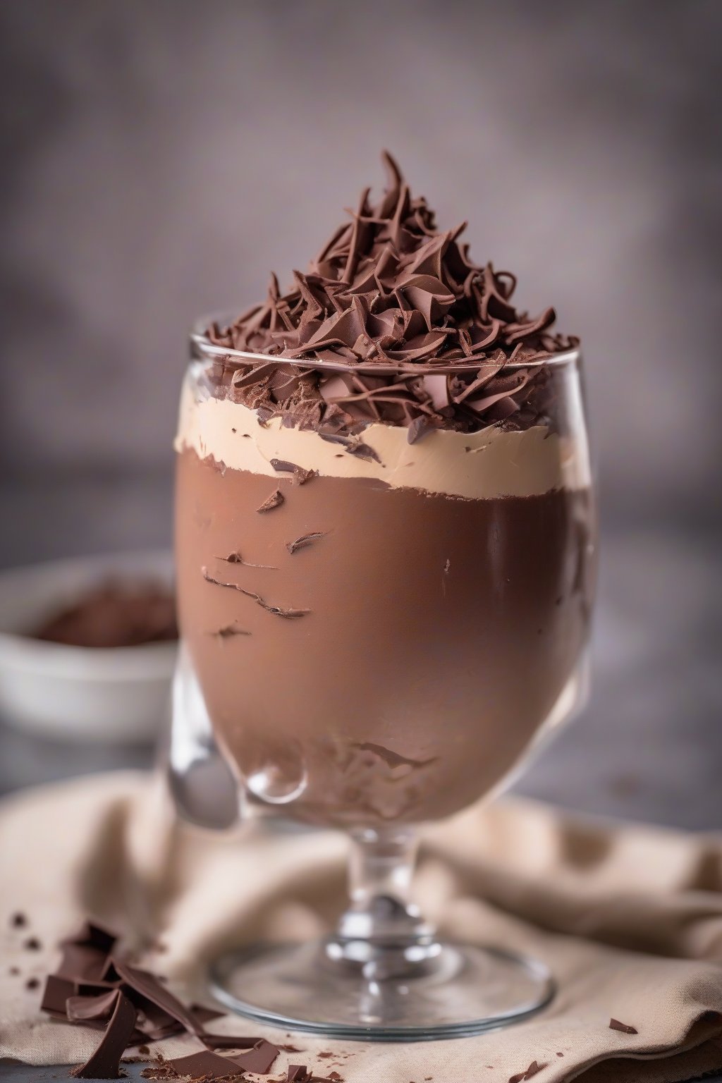 A high-resolution photo of classic whipped chocolate mousse in a glass goblet, topped with chocolate shavings, under soft lighting.