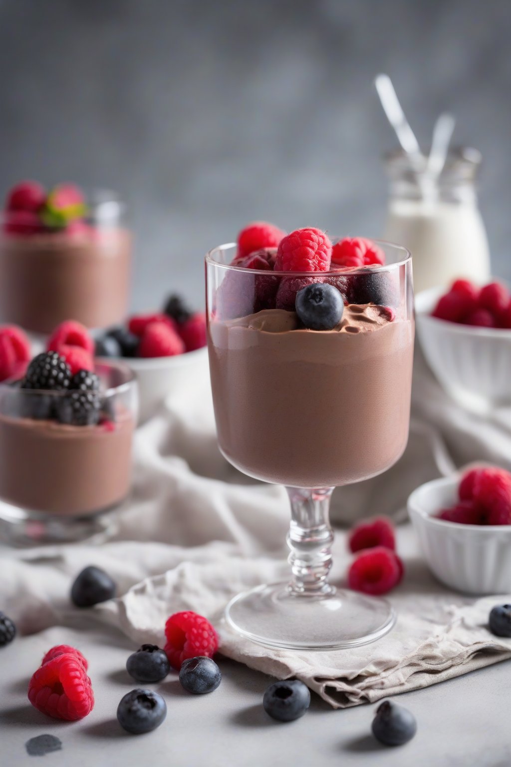 A high-resolution photo of raspberry-infused whipped chocolate mousse in clear glasses, with fresh berries on top, under soft lighting.