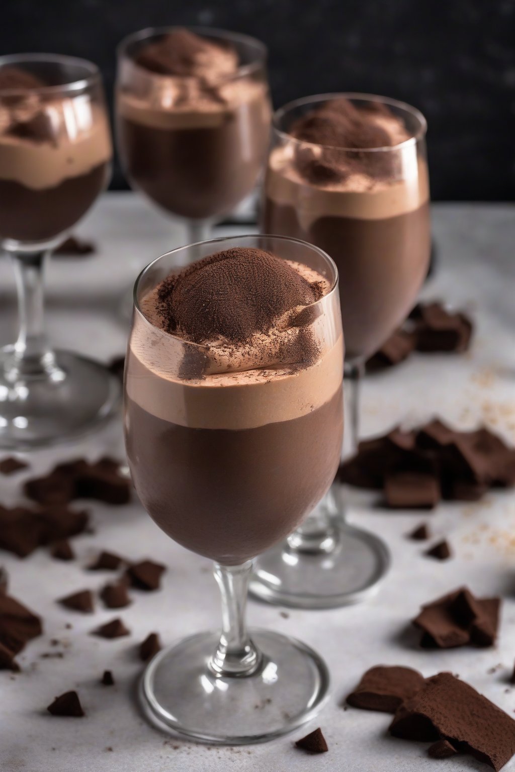 A high-resolution photo of Irish cream whipped chocolate mousse in wine glasses, garnished with cocoa dust, under soft lighting.