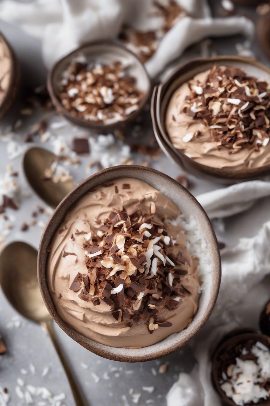 A high-resolution photo of vegan coconut whipped chocolate mousse in bowls, topped with toasted coconut flakes, under soft lighting.