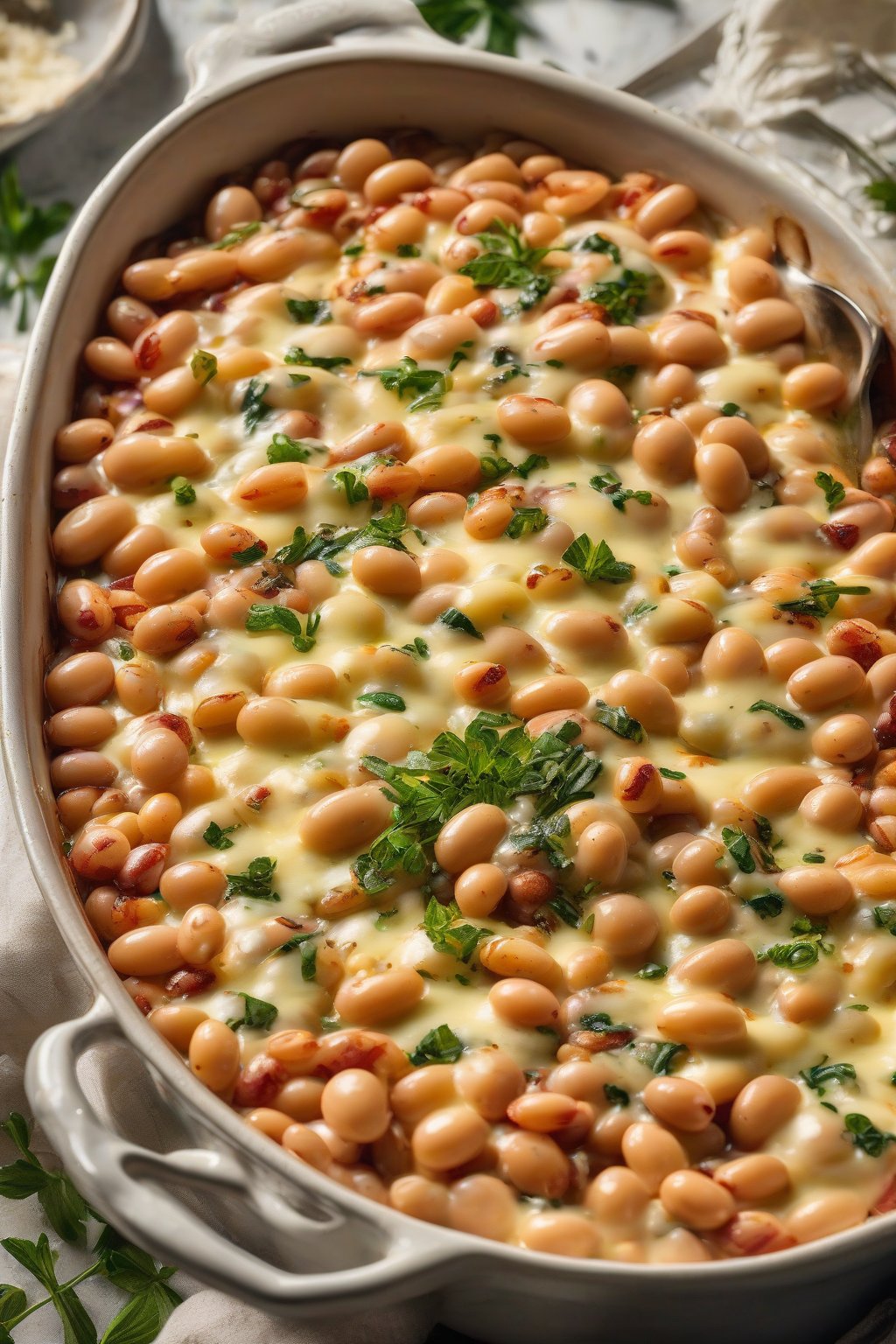 A high-resolution photo of bubbly loaded baked butter beans with melted cheese and herb topping, under soft lighting.