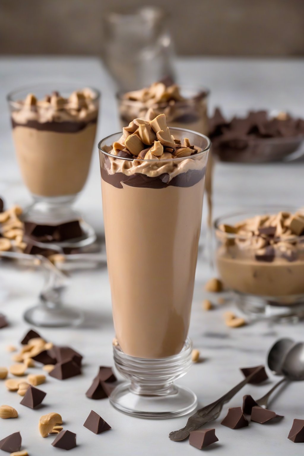 A high-resolution photo of peanut butter whipped chocolate mousse layered in parfait glasses with peanut chunks, under soft lighting.