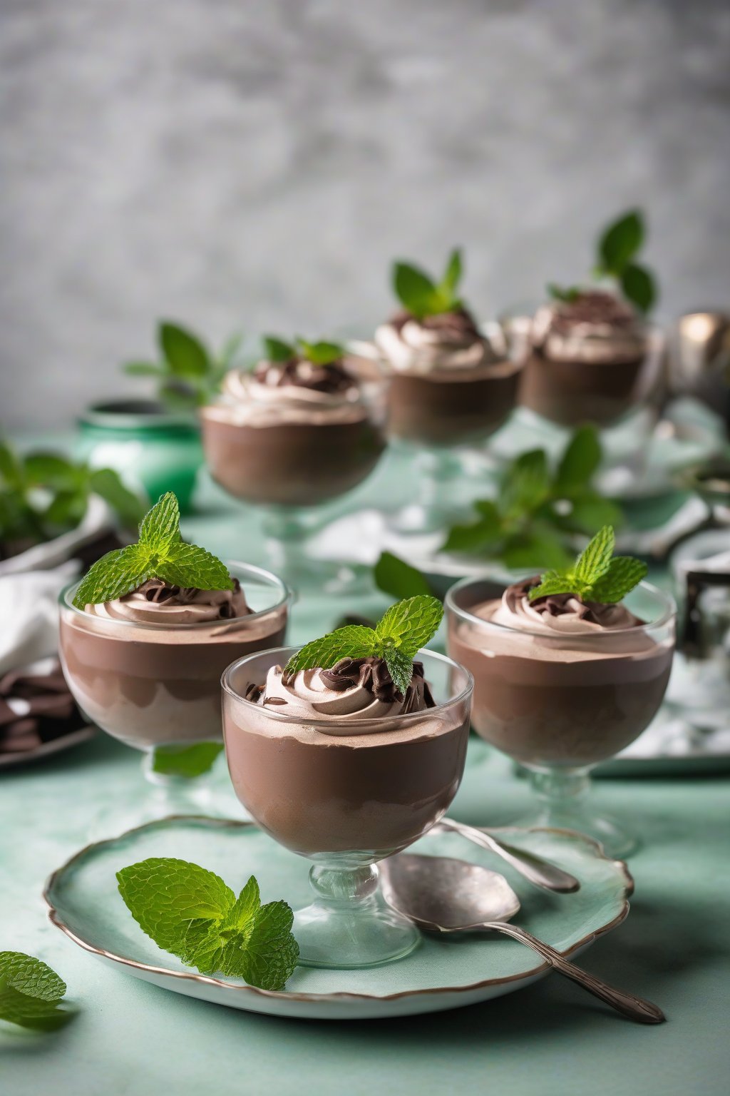A high-resolution photo of mint chocolate whipped mousse in elegant cups, garnished with mint sprigs, under soft lighting.