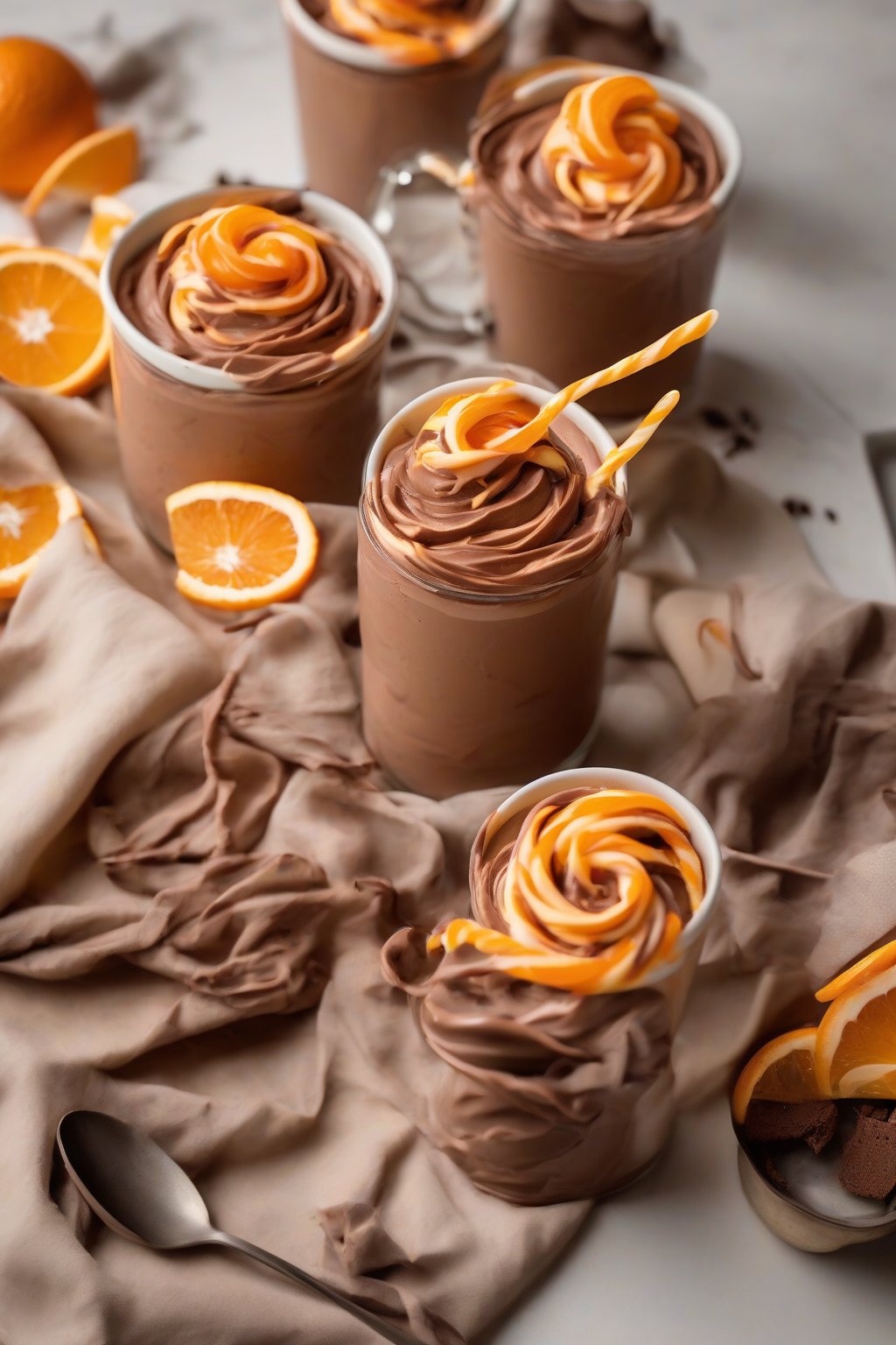 A high-resolution photo of orange zest whipped chocolate mousse swirled in dishes, with orange twists on top, under soft lighting.