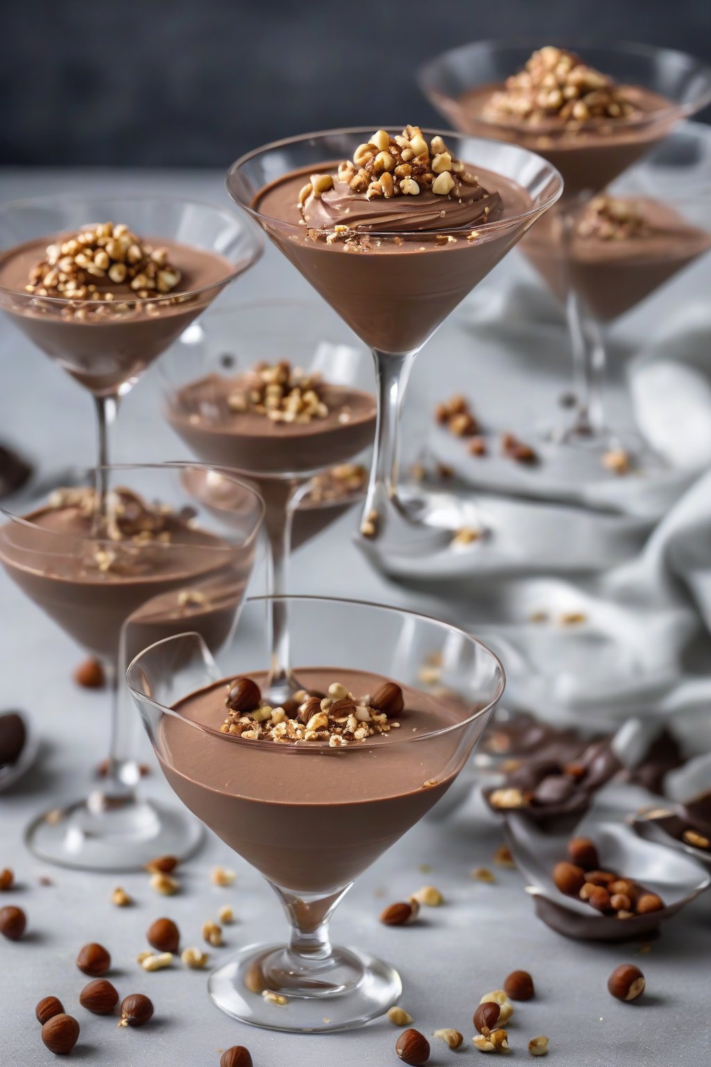 A high-resolution photo of hazelnut whipped chocolate mousse in martini glasses, sprinkled with crushed hazelnuts, under soft lighting.